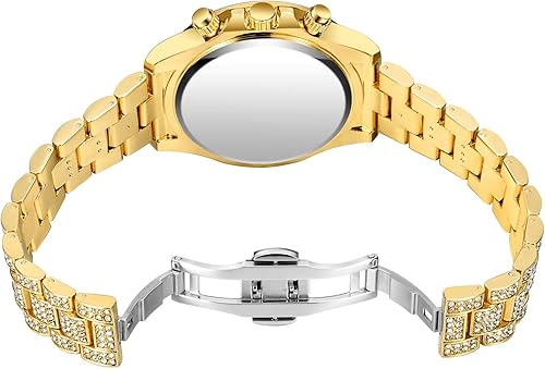 Miniatura 5 de Gosasa Lujo Bling-ed Out Esfera Colorida Diamante Completo Hip Hop Rocks Relojes Moda Cuarzo Analógico Acero Inoxidable Pulsera Reloj (Dorado), Oro,