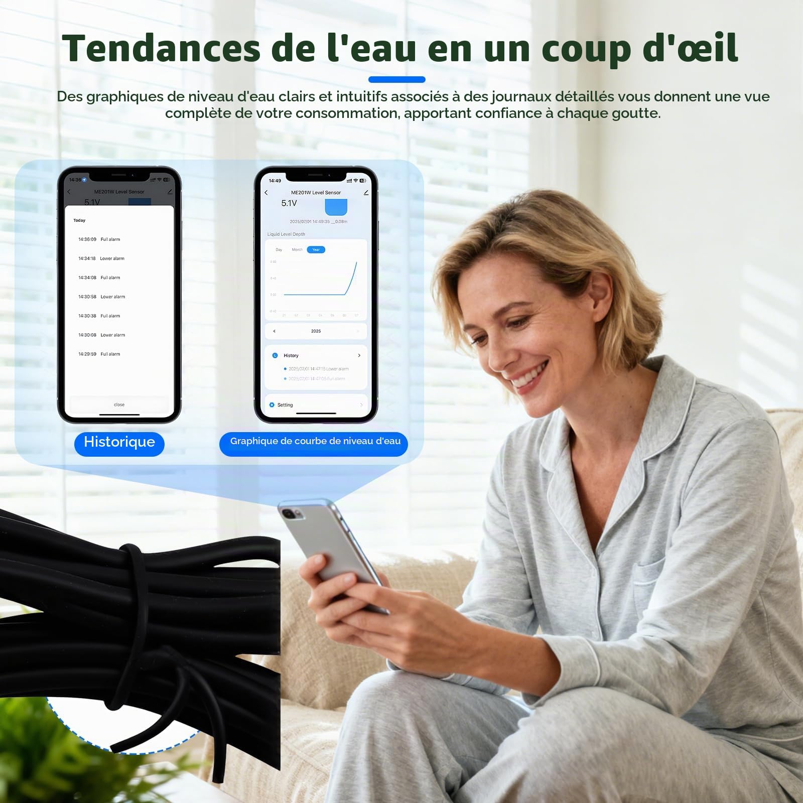 Détecteur d'eau Wi-Fi à ultrasons, capteur de niveau d'eau, moniteur de niveau de liquide, capteur d'eau intelligent, capteur de niveau d'eau et d'huile pour Tuya Smart Life, étanche IP65, alarme en