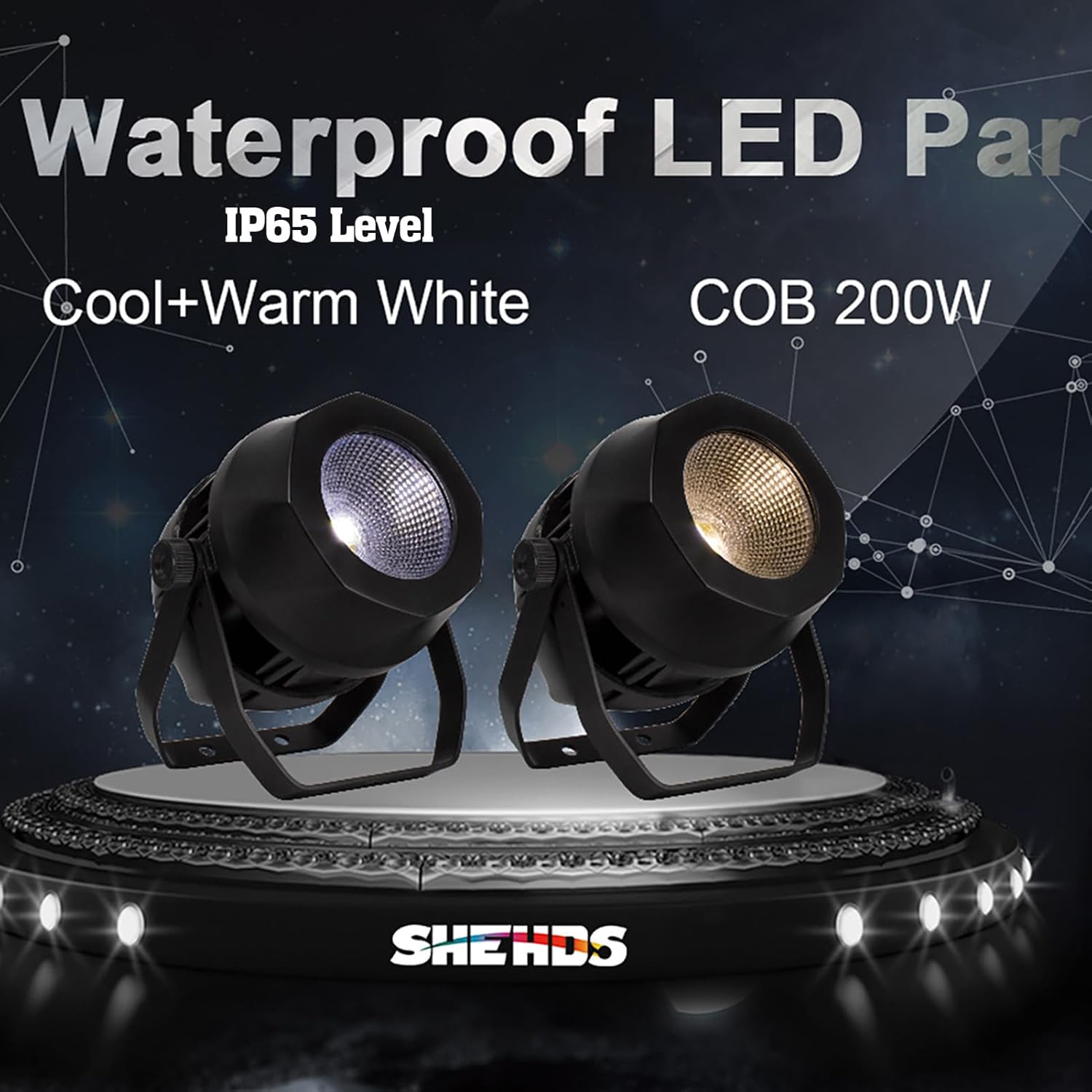 SHEHDS 200W COB Par Light, showing both cool white and warm white versions, highlighting IP65 waterproof and 200W COB features.
