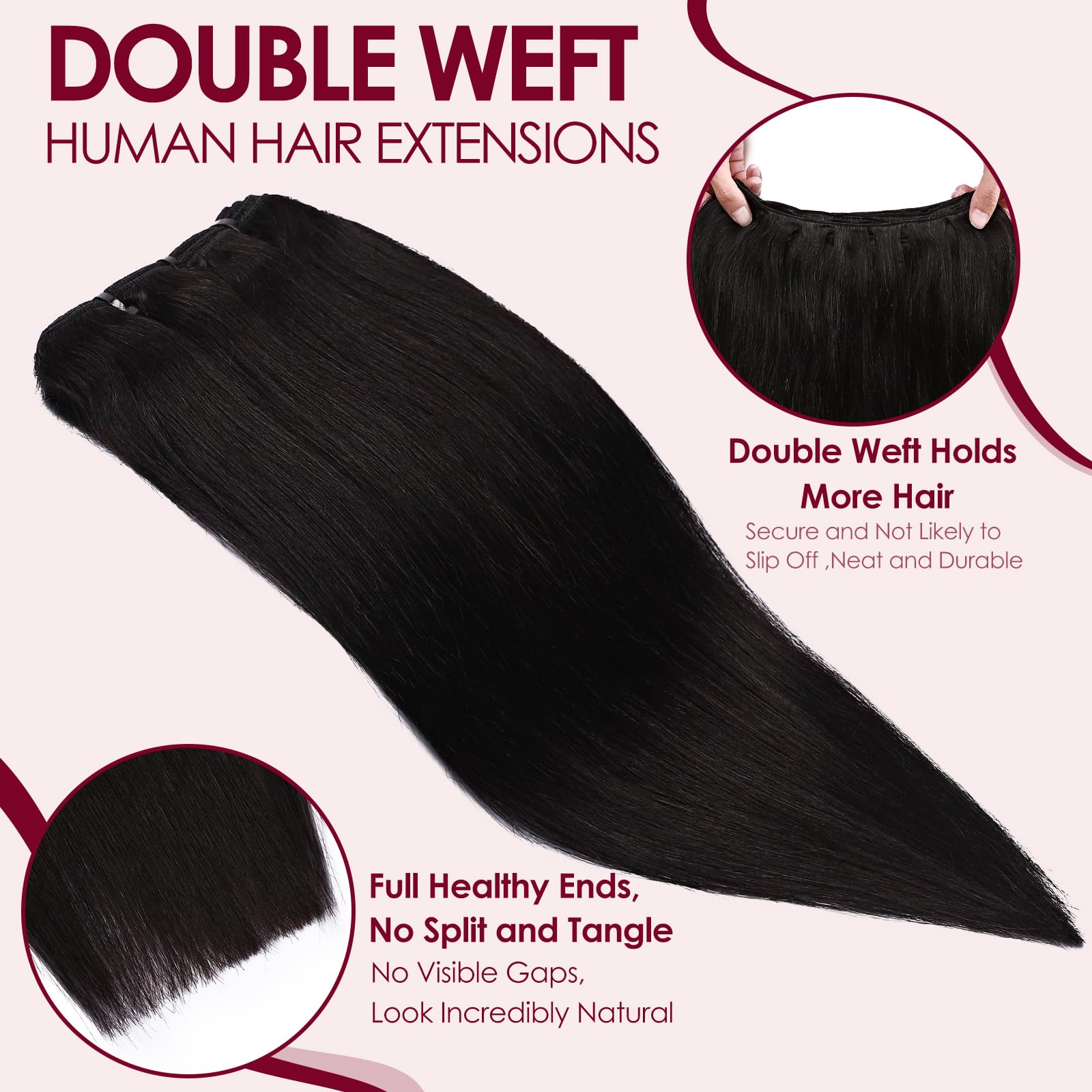 Benehair Double Weft Straight Silky Remy Invisible Sew in Hair 14 Inch 100g Real Human Hair Weft Extensions #1B Natural Black - Image 3