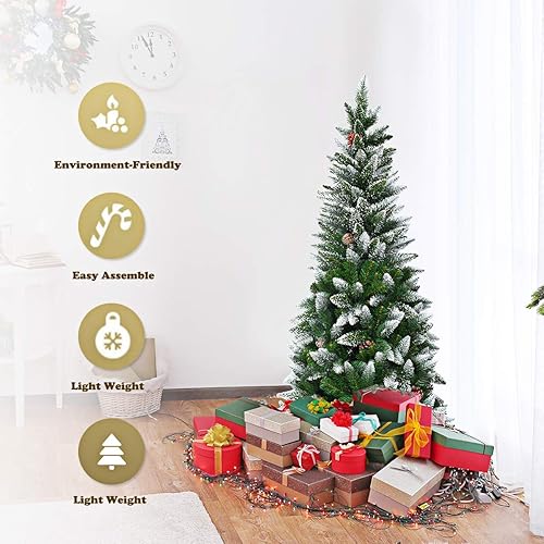 Miniatura 3 de GOFLAME Árbol de Navidad flocado de nieve de 5 pies, árbol de Navidad artificial con piñas y soporte de metal, decoración navideña tradicional para