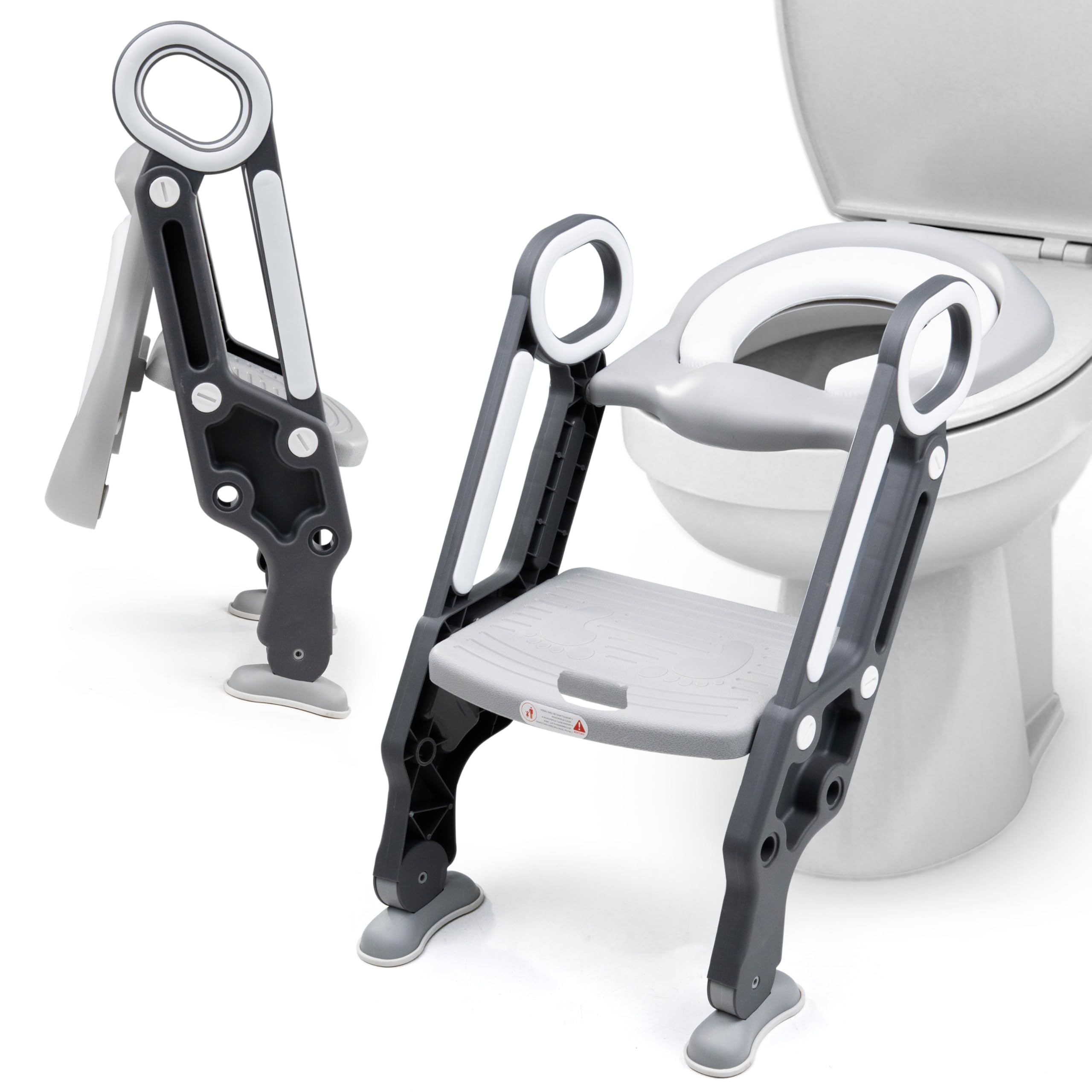 Crystals Gray Toddler Toilet Ladder Seat - Adjustable Potty-Training Seat, Soft Cushion Seat And Anti-Slip Steps Design - Easy To Install Portable Children Potty Training Chair (Grey-White)