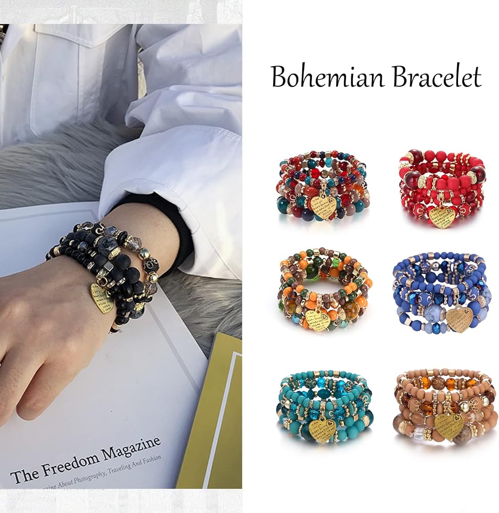 Set Di 9 Braccialetti Boho In Perline Di Cristallo Multistrato – Elastici, A Cuore, Per Donne E Ragazze, Ideale Come Regalo - 4