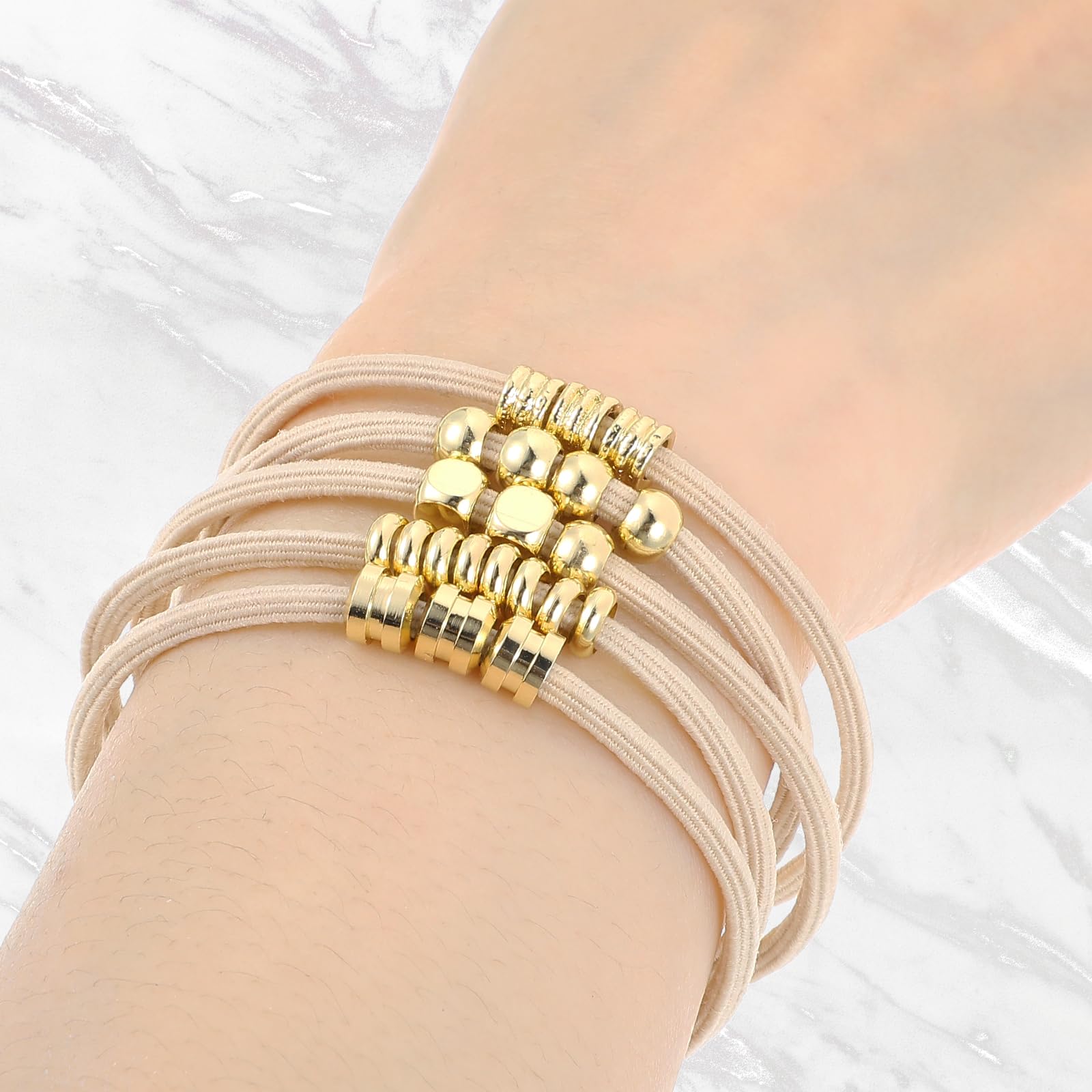 5 Pcs Blonde Boho Hair Ties Bracelet Gold Beads Elastic Blonde Ponytail Holder Cluff Aesthetic Boho Jewelry Hair Accessories Bling No Damage for Thick Thin Curly Hair Women - Image 4