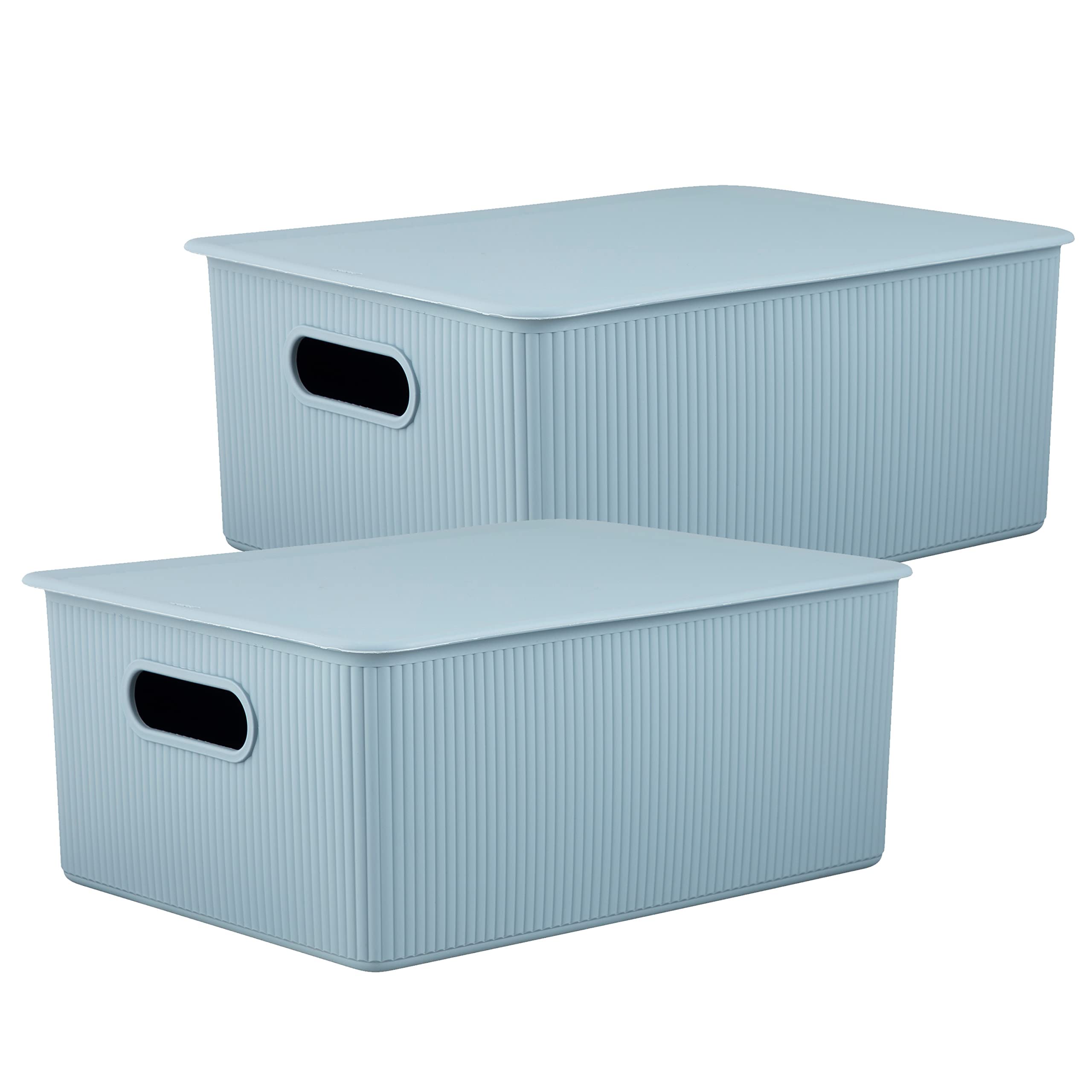 Superio Ribbed Decorative Plastic Home Storage Bins 2 Pack, Blue Organizer Baskets 15 Liter, Boxes for Organizing Closet Shelf (Bin with Lid- Large)