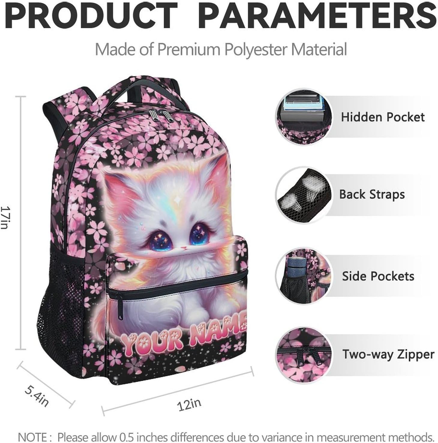 Custom Kids Backpack for Girls - 17 Inch Preschool Cat Backpacks - Cute Toddler Lightweight Bookbag for Kindergarten