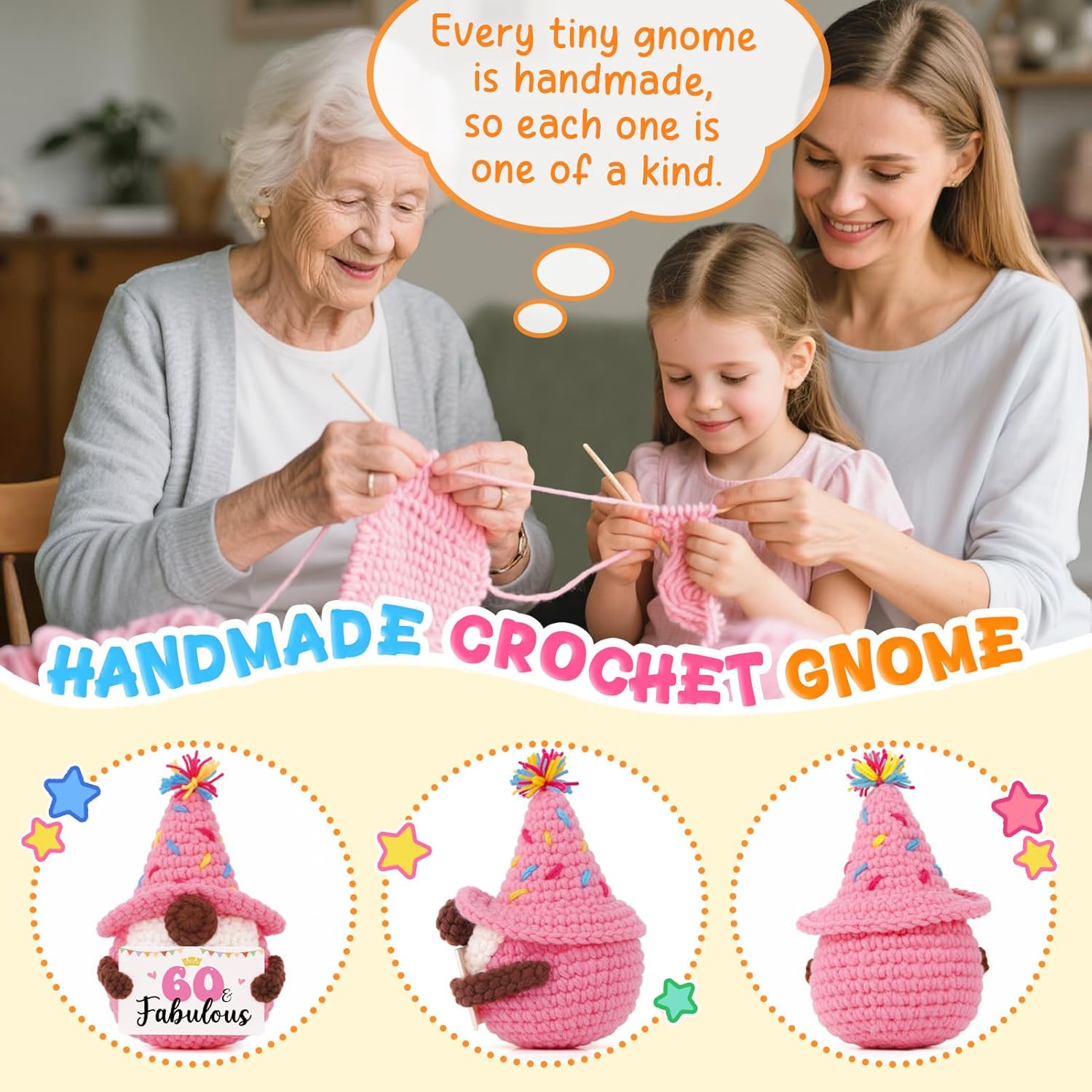 60th Birthday Gifts for Women, 60th Birthday Decorations, Handmade Positive Crochet Gnomes, 60 & Fabulous, 1965, 60 Year Old Bday Gifts for Friends Sister Mom - Image 4
