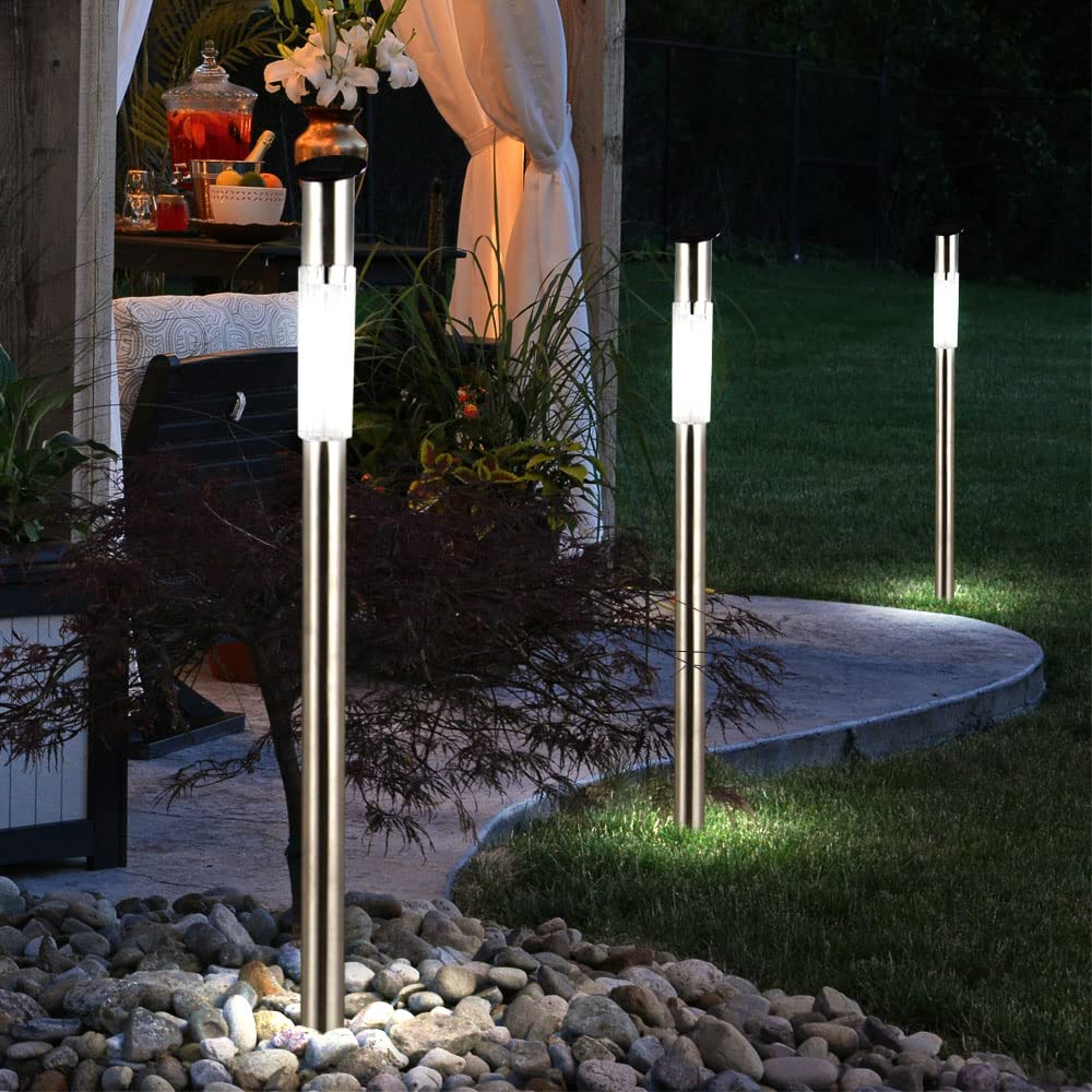Stecklampe Edelstahl Außenleuchte Stehlampe Solarlampe Wegeleuchte, silber Kunststoff weiß, LED Leuchtmittel, DxH 5x70 cm, 7er Set
