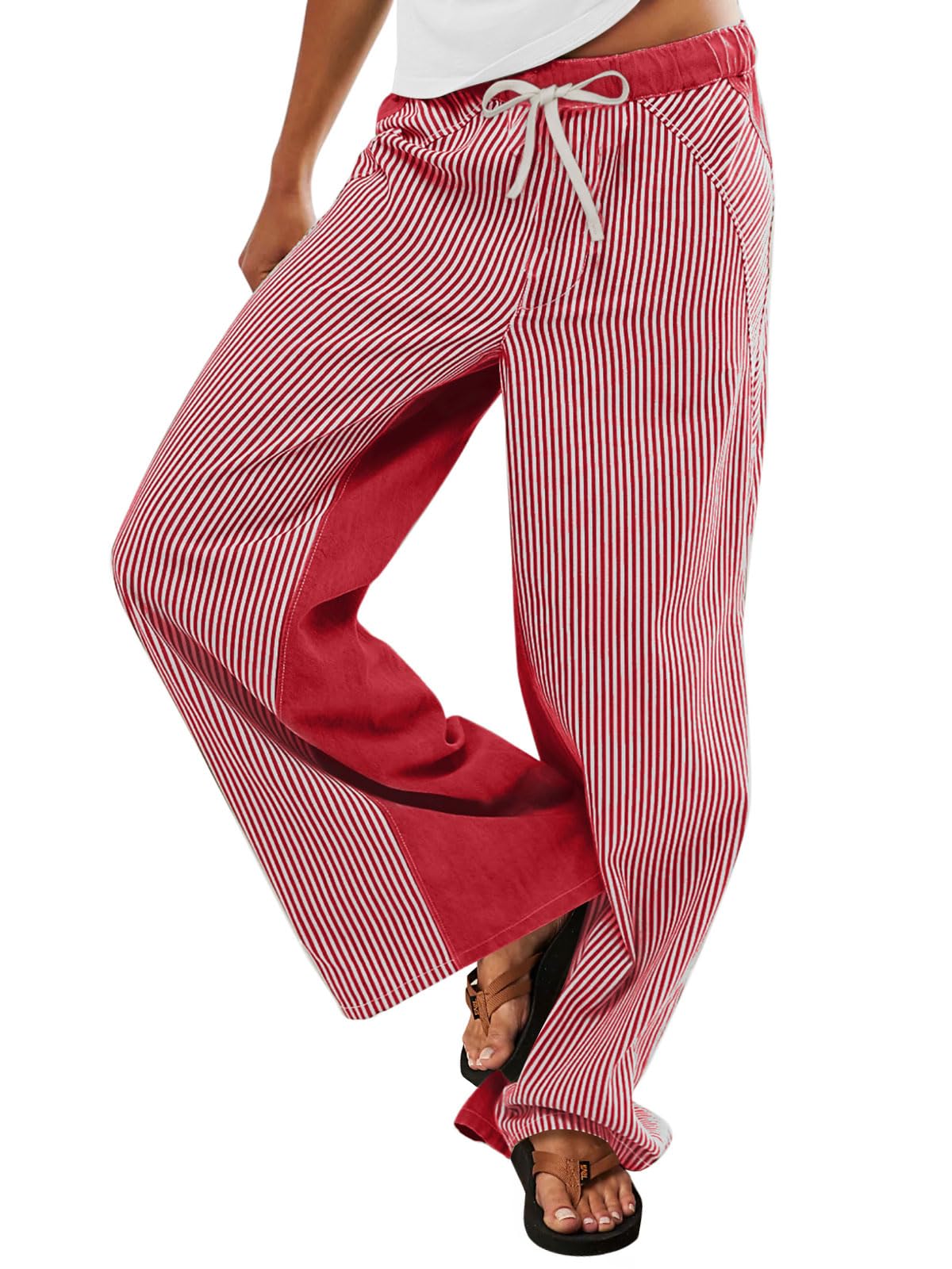 Pantalon rayé taille basse à cordon style bohème chic et coupe fluide large - 7