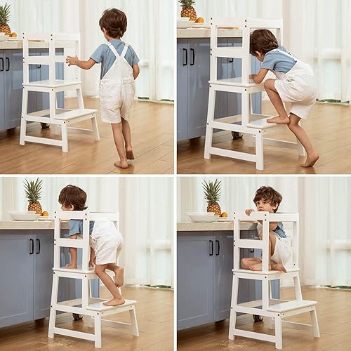 Miniatura 3 de Taburete de cocina para niños pequeños, torre de pie con rieles de seguridad (nogal)