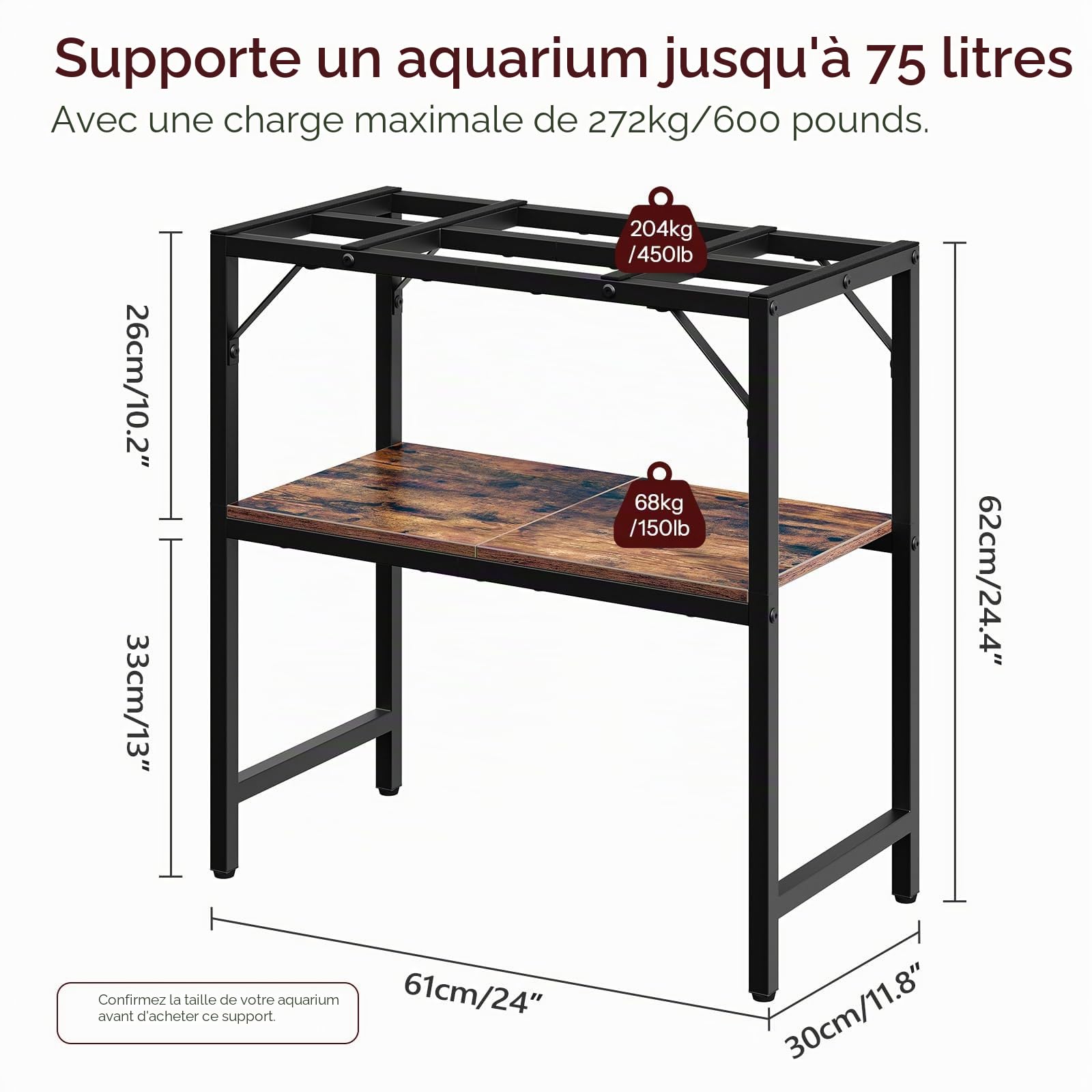 MAHANCRIS Support d'aquarium, Meuble d'aquarium 20 L, Étagère d'aquarium, Table d'aquarium à 2 étages, Support de réservoir de poisson avec étagère, Capacité de charge 204 kg, 61 x 30 x 62 cm, Marron