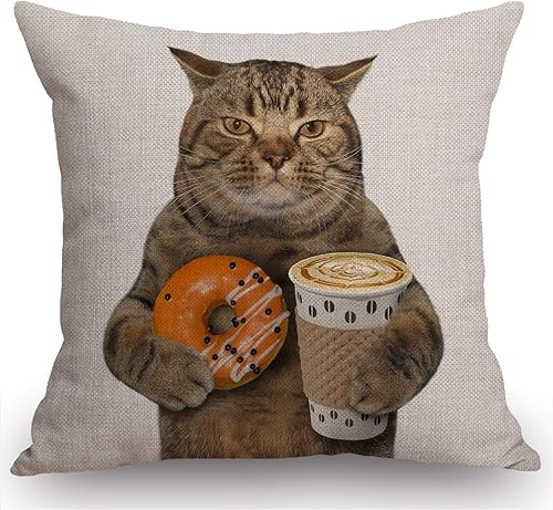 Swono Funda de almohada cuadrada de lino y algodón con dona esmaltada en forma de dona café y naranja, funda de cojín estándar para hombres y