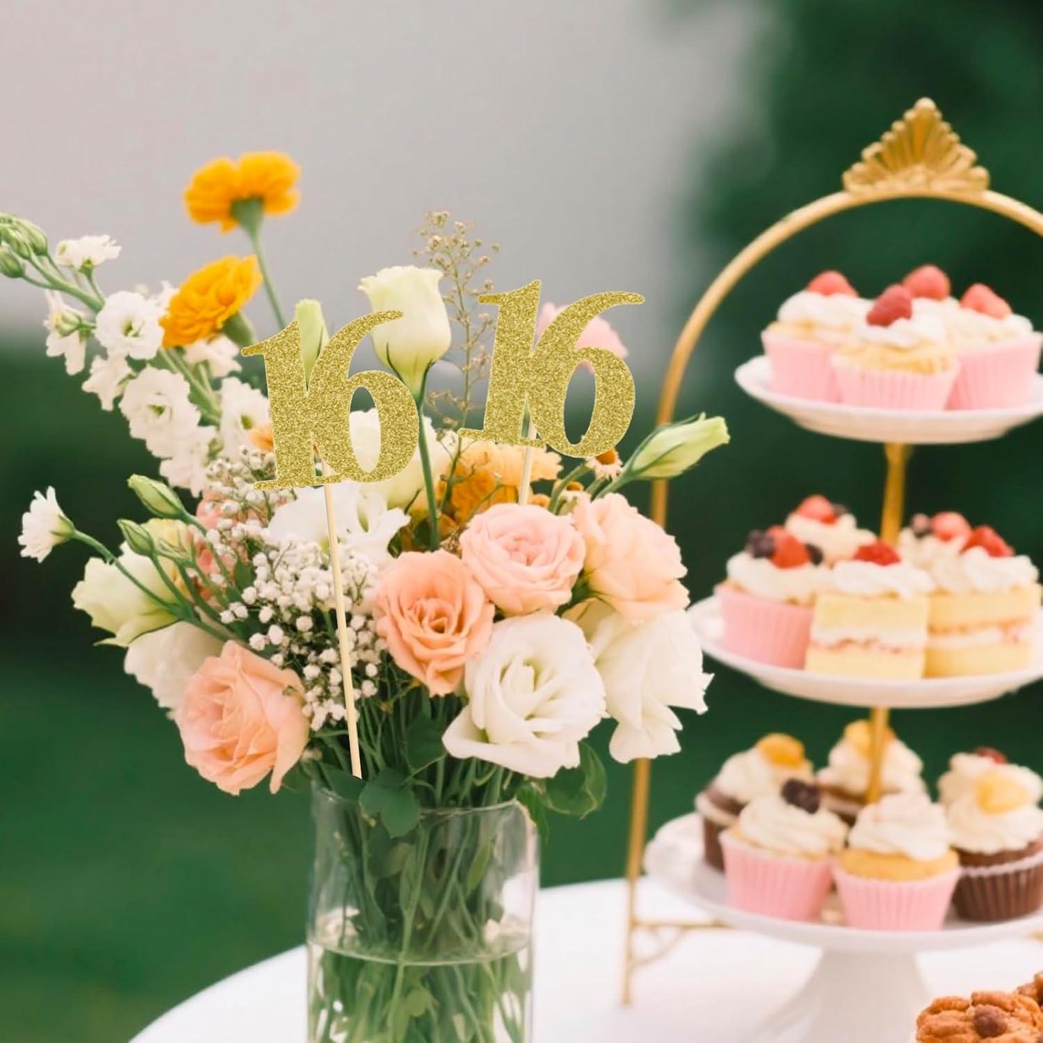 16 PCS 16th Birthday Centerpiece Sticks Double Sided Gold Glitter 16th Anniversary Centerpieces for Tables Number 16 Table Flower Toppers Party Decorations Supplies