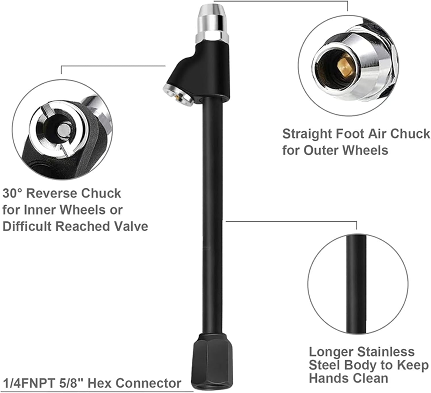 Dual Foot Air Chuck,1/4" FNPT Extended Reach Dual Head Air Chuck with Quick Plug,2-Way Connect Tire Chuck for Bikes,Motorcycle,Car,and Etc