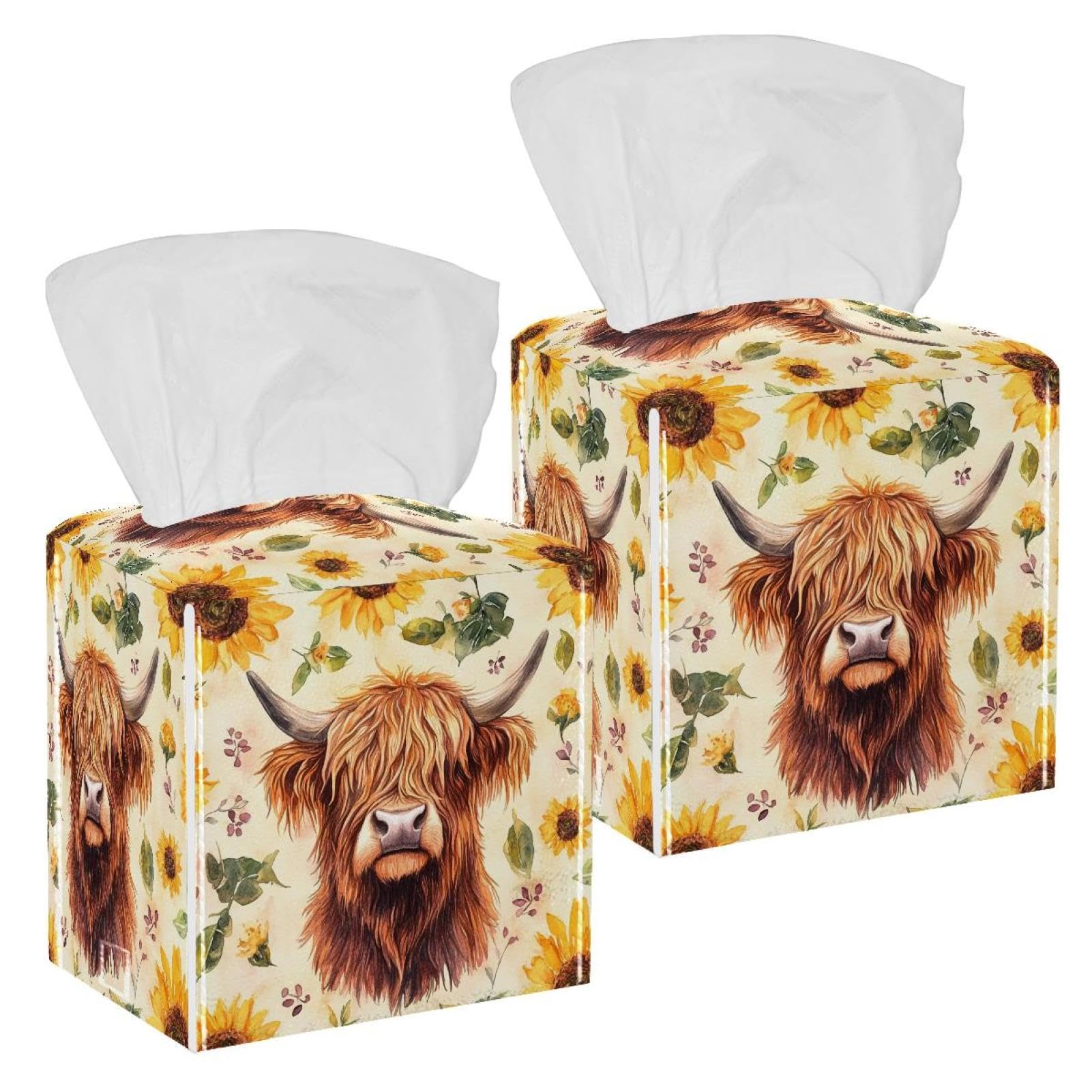 Cow Sunflower Tissue Box Cover, 2 Pack PU Leather Square Facial Tissue Dispenser Box holder for Home Office Car