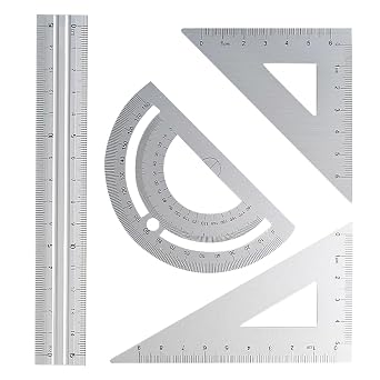 4PCS Math Ruler Geometry Tool Set, Metal Aluminum Alloy Rulers Lightweight Includes Straight Rulers, Triangle Ruler, Protractor for Kids School tooles, Student Math Supplies