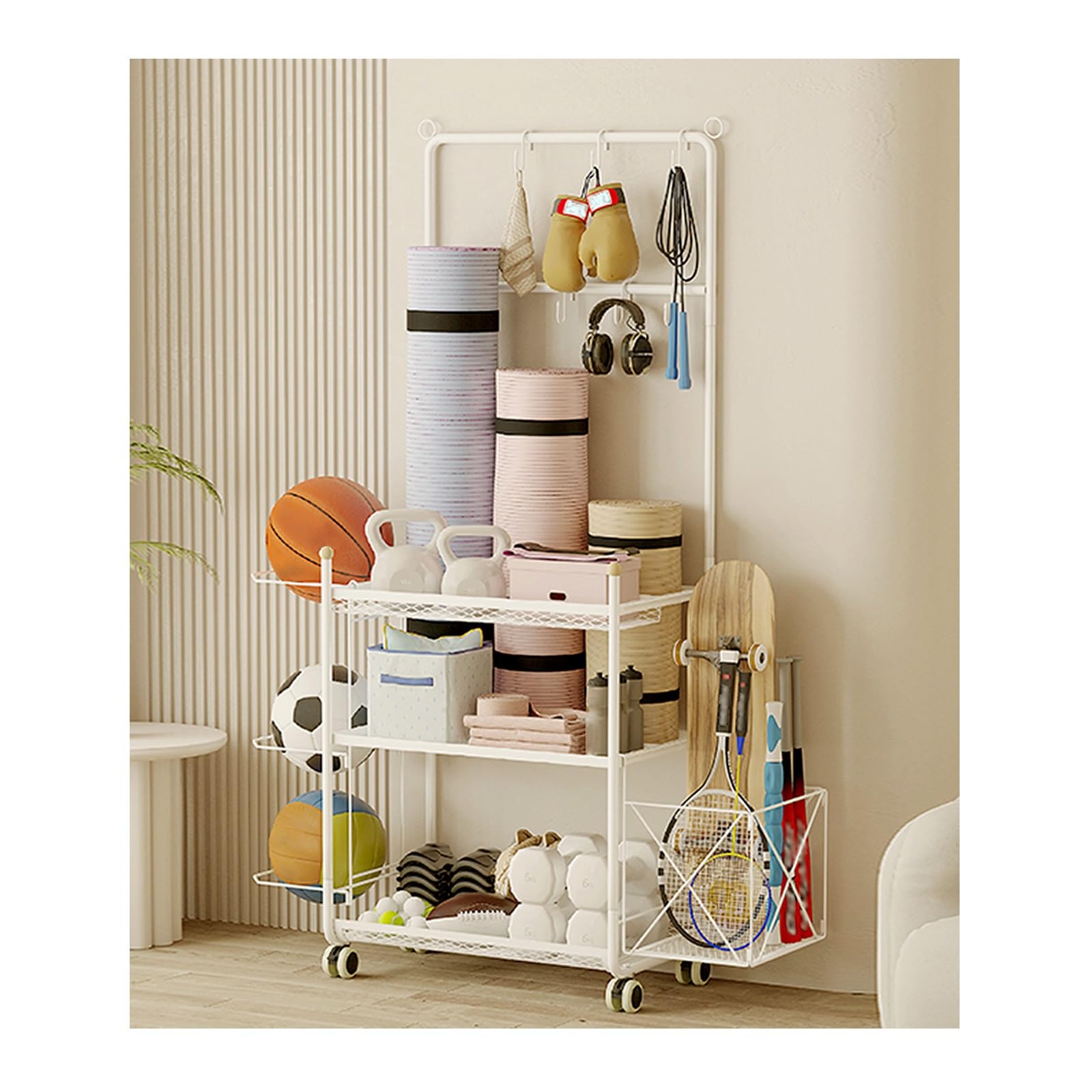 Organiseur d'équipement de sport de garage, support de rangement verrouillable pour tapis de yoga, rouleau en mousse, sangle de yoga, bandes de résistance, (blanc, 97 x 35,7 x 145 cm)