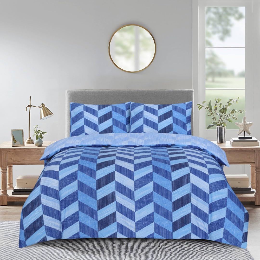 Best Linen 4 Piece Duvet Cover Set Microfiber Quilt Cover Pillow Case & Fitted Sheet Complete Bedding Set Easy Care Machine Wash Anti Allergic (Zigzag Blue, Double)