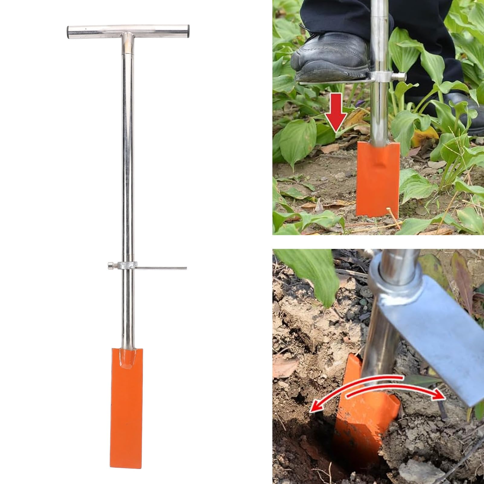 Dibble Bar Pflanzwerkzeug mit Fußpedal, Edelstahl-T-Griff, Spatenschaufel zum Graben, Umpflanzen, Gartenarbeit