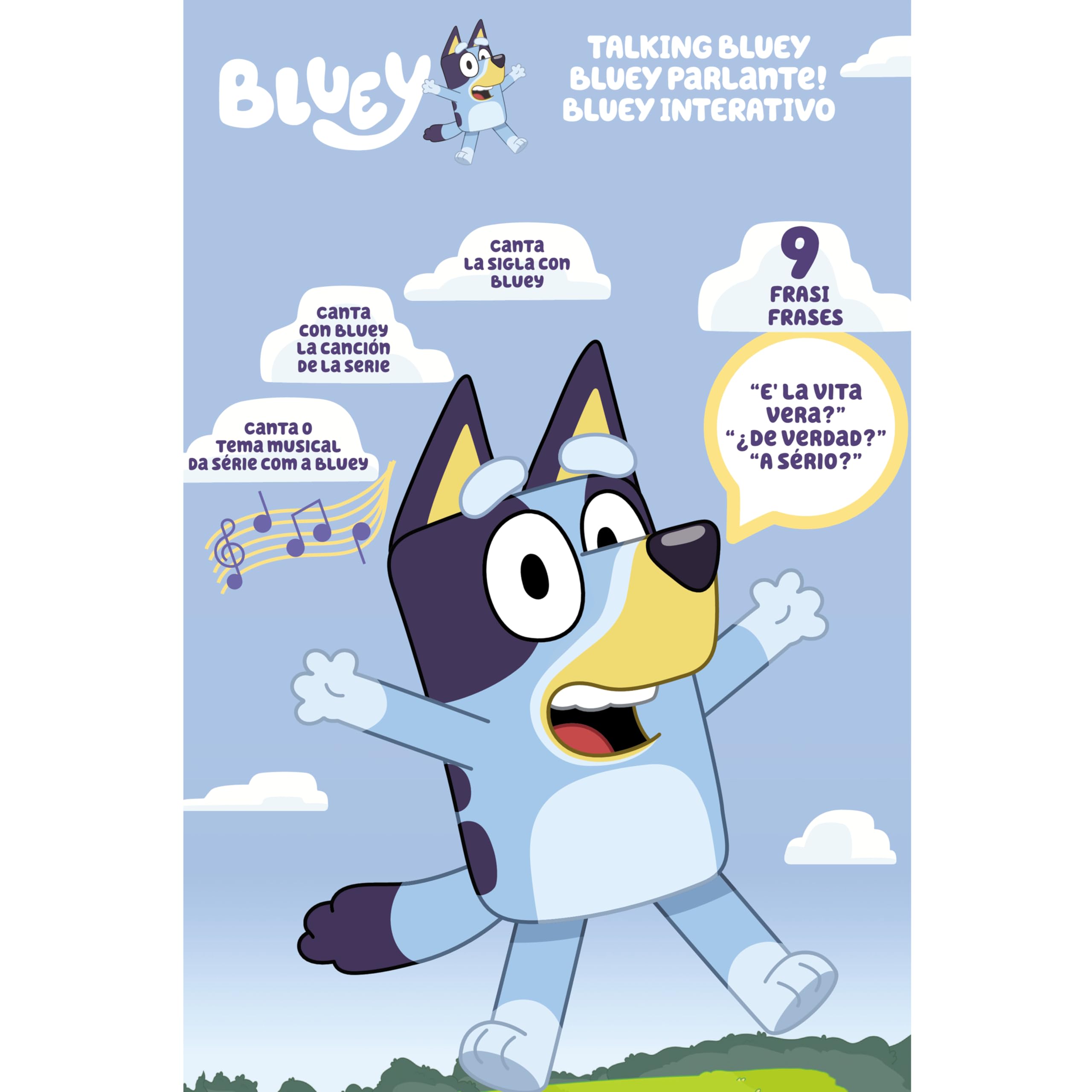 Bluey parlante de 33 cm, Peluche multilingüe parlante con 9 Frases y la canción de la Serie, Habla en 3 Idiomas Diferentes