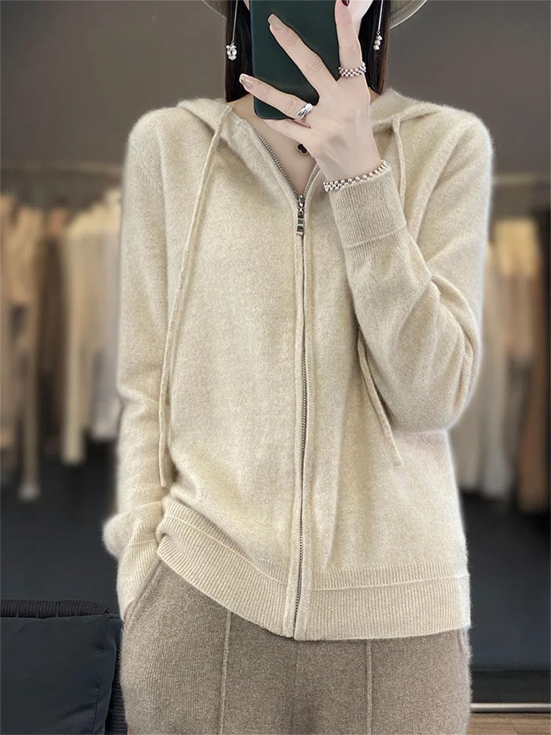 Cardigan da donna con cappuccio e cerniera, a maniche lunghe, in cashmere, lavorato a maglia