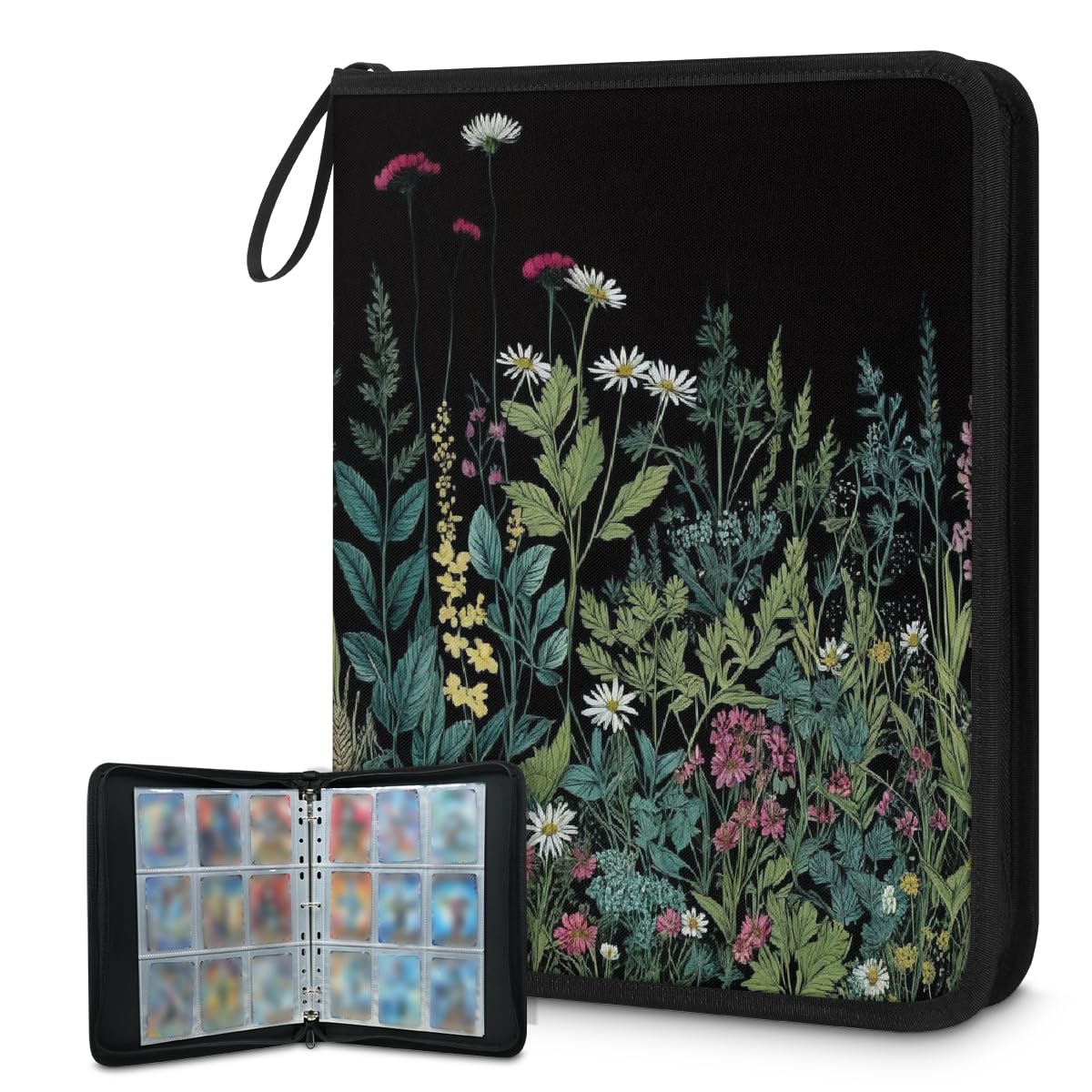 Raccoglitore per carte collezionabili con 9 tasche con fiori primaverili, fiori di campo, raccoglitore per carte con foglie di margherita, con maniche rimovibili, impermeabile, con cerniera, 50 pagine