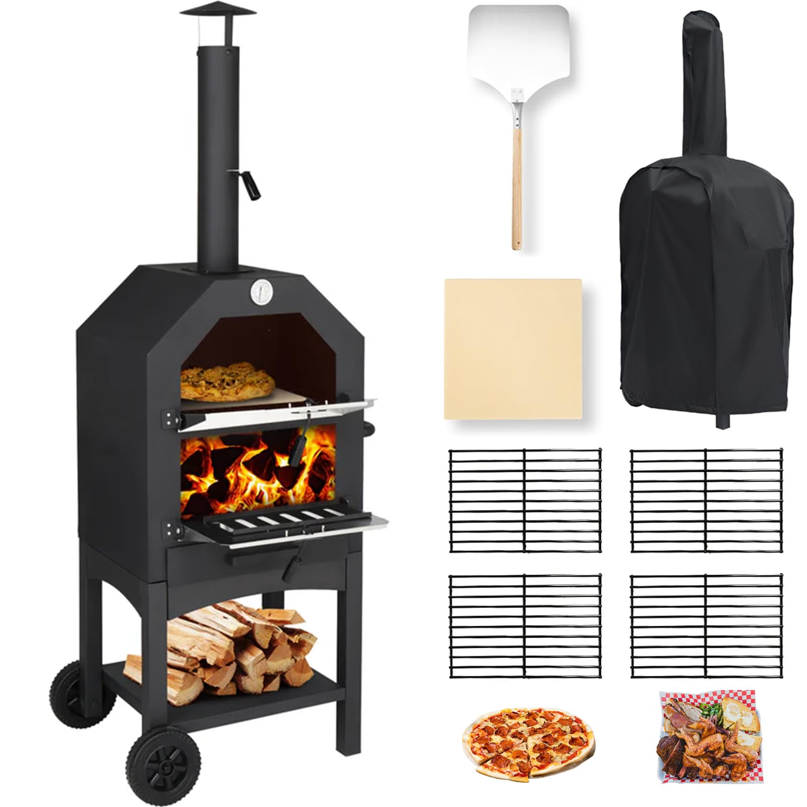 PLENTORA Outdoor Pizza Oven, Wood Fired Pizza Oven with Wheels for Outside, Portable Pizza Maker with Stone, Peel, Cover & Cooking Grids for Backyard,