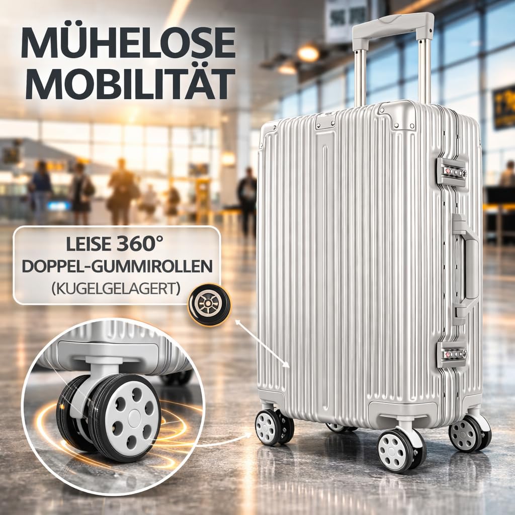 POSH Valigia - Custodia rigida in policarbonato con telaio in alluminio - Valigia da viaggio in alluminio: bagaglio a mano, misura media, grande - trolley con doppie serrature TSA e 3 custodie