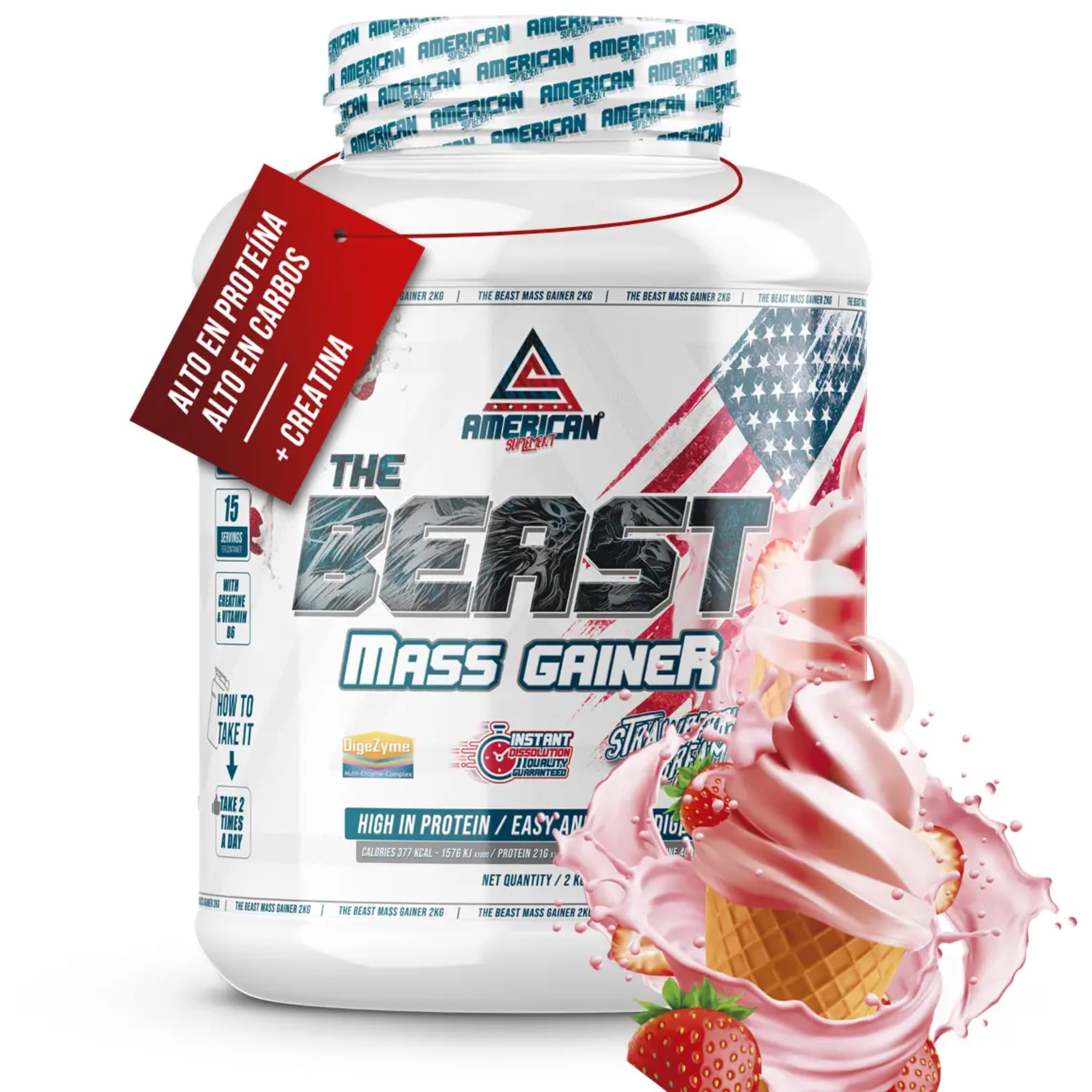 AS American Suplement | Mass Gainer | Alto en Carbohidratos y Proteínas | Ayuda a Subir de Peso | Aumenta la Masa Muscular | Contiene Creatina Monohidrato (2 kg (Paquete de 1), Fresa)