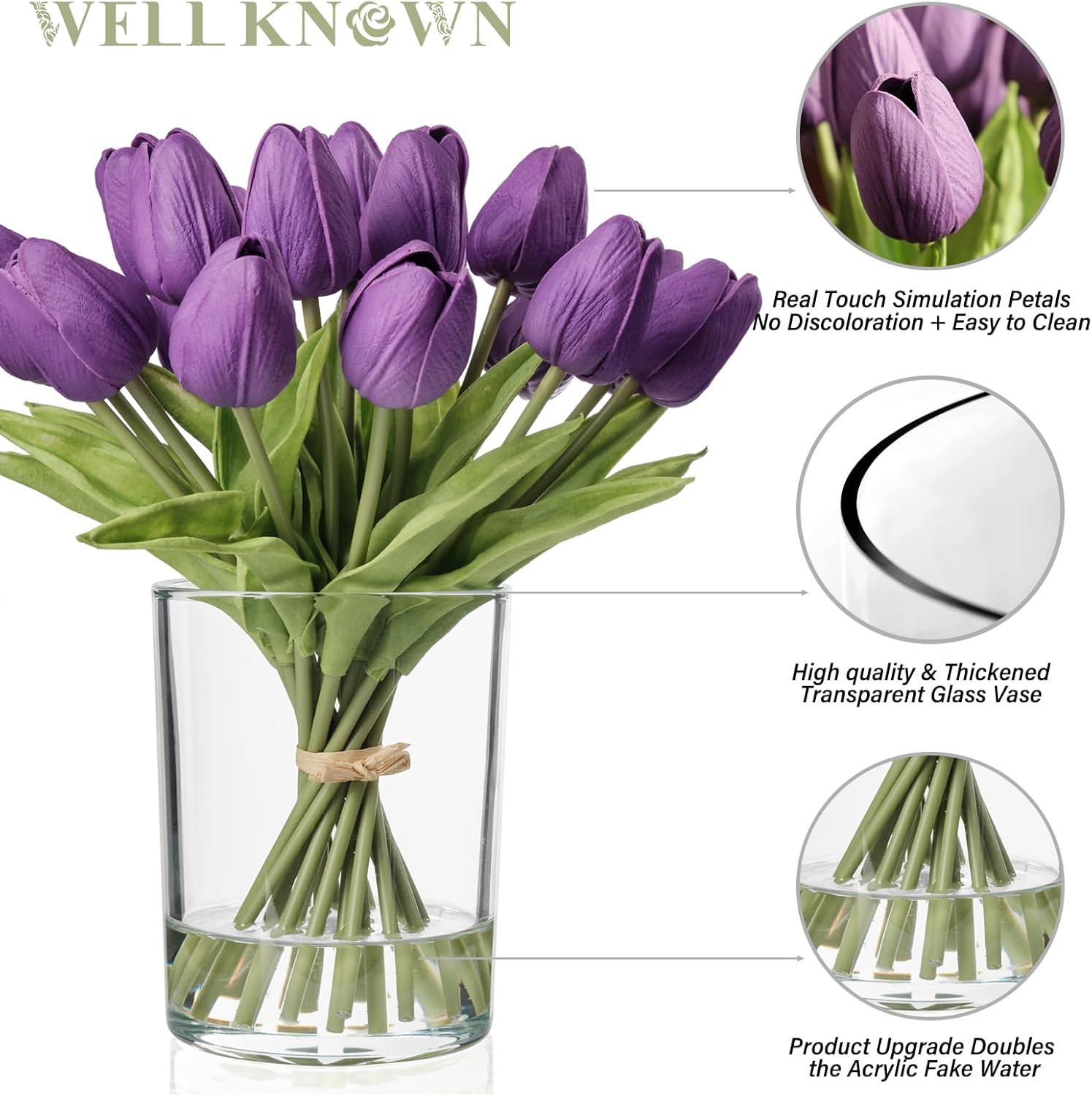 WELL KNOWN 20 Pcs Tulips Artificial Flowers in Vase, Real Touch Fake Purple Tulips Flowers with Glass Vase & Fake Water, Flower Arrangement Centerpiece for Wedding Party Dining Table Home Decor & Gift - Image 5