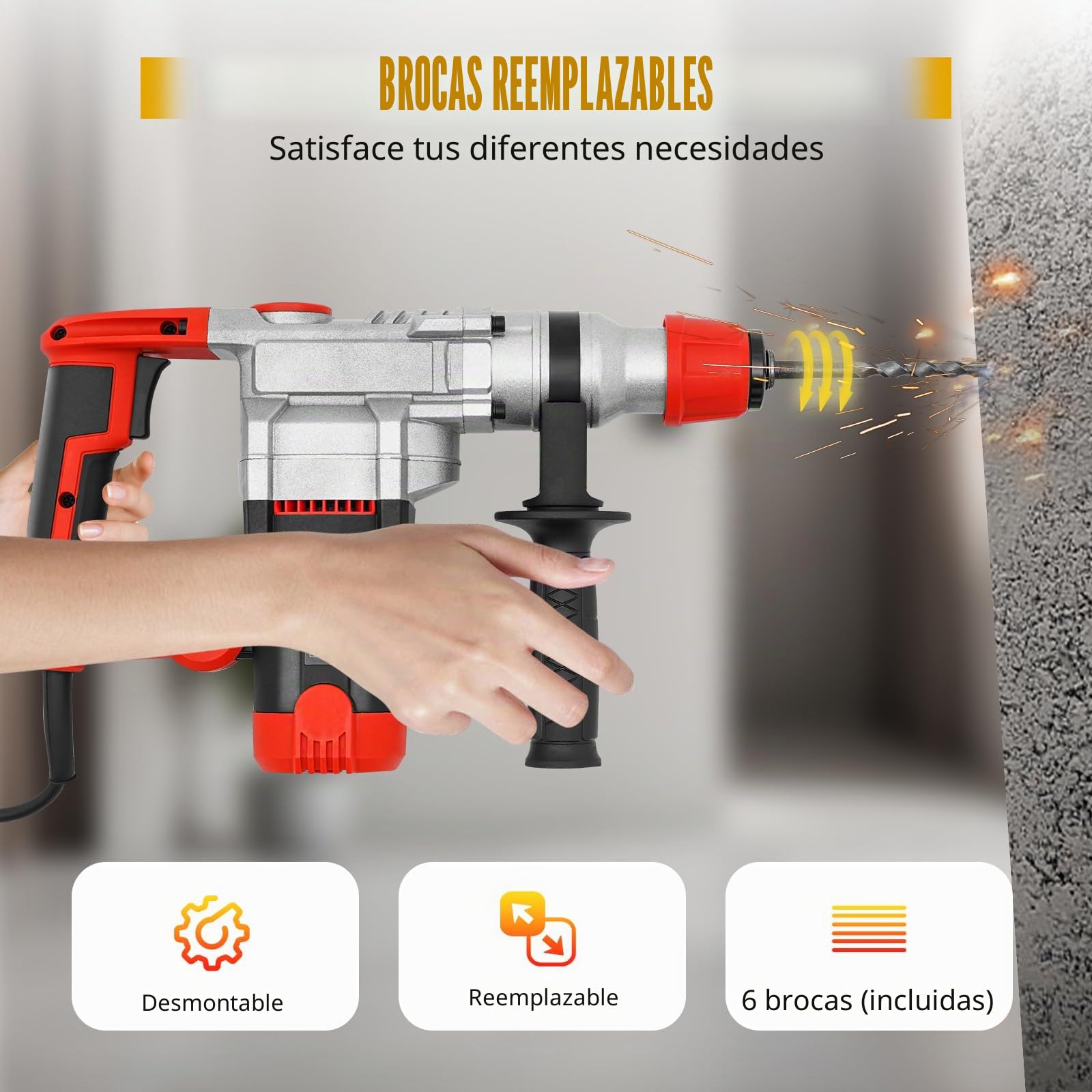 Martillo perforador, martillo cincelador eléctrico, martillo de demolición, herramientas eléctricas con maletín, juego de 2200 W