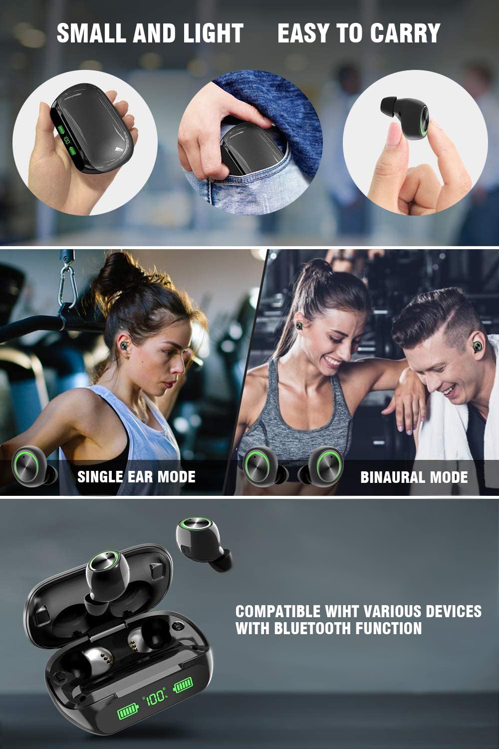 Écouteurs sans fil Bluetooth 5.3 - 200 heures de lecture - Étanchéité IPX7 - Microphone intégré - Écran LCD de qualité supérieure - Pour le sport/le travail