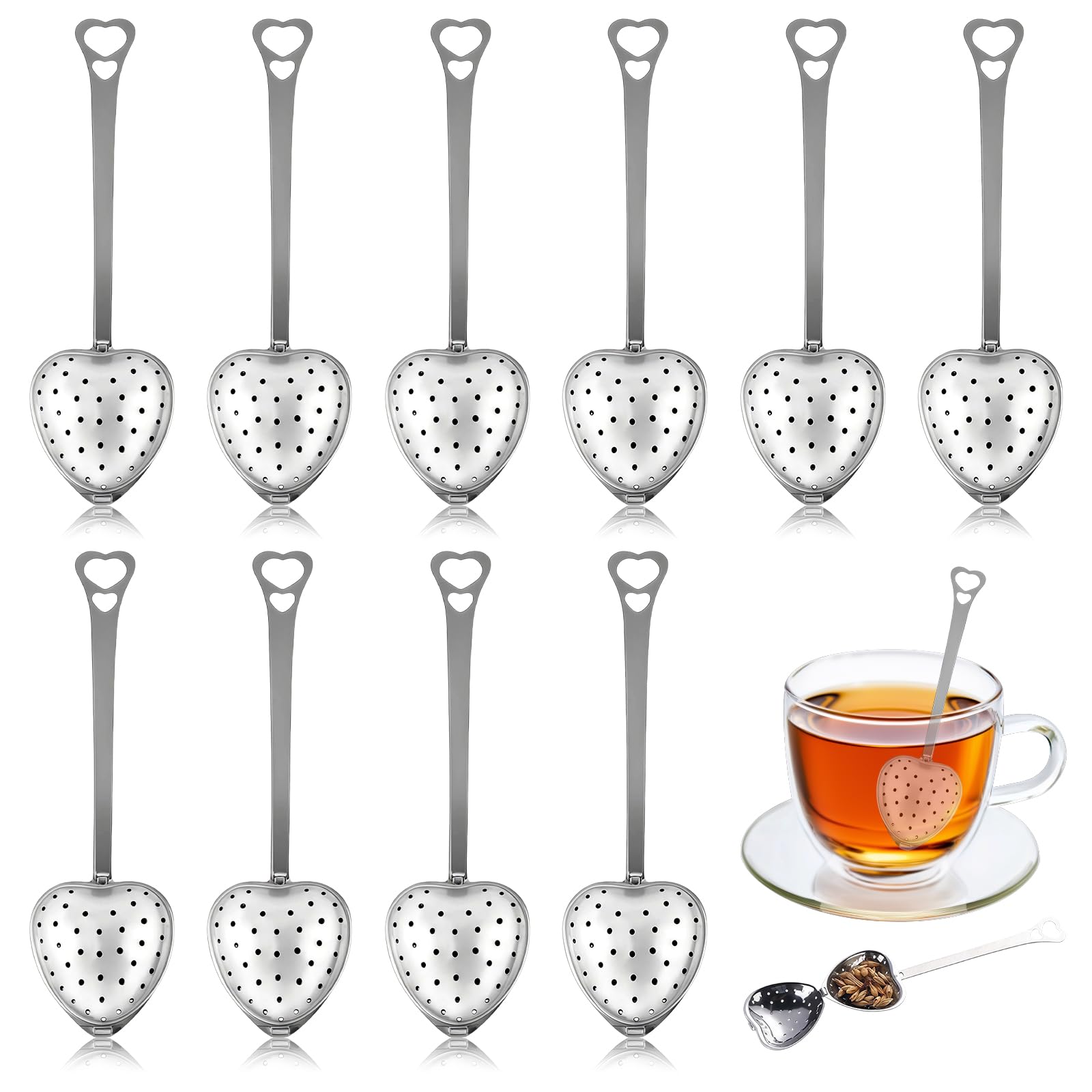 10 sztuk filtrów do herbaty ziołowej, 14,3 x 4 cm, filtr do infuzji, zaparzacz do herbaty ziołowej ze stali nierdzewnej, w kształcie serca, zaparzacz do herbaty do parzenia herbaty, odkurzanie kakao w