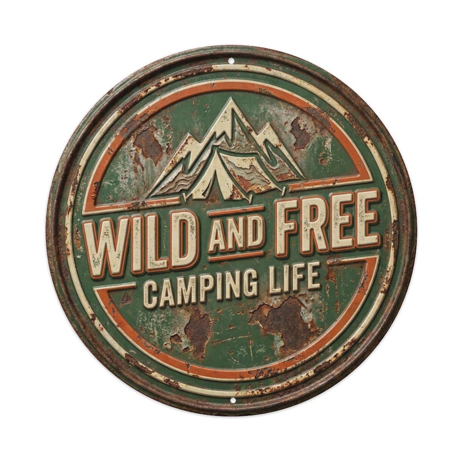 Wild Free Camping Vintage Workshop Display Retro Slogans Vintage Metal Tin Sign Plaque Wall Decor for Cafe, Club, Garden Round Metal Poster 8x8Inch