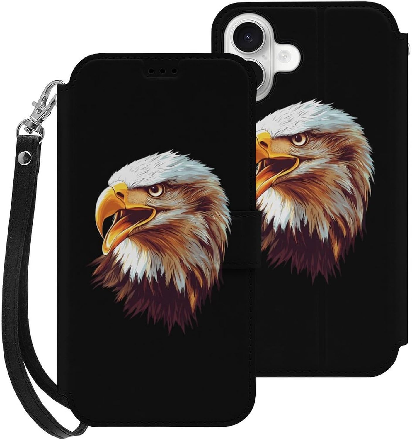 an Eagle-Head Compatible with iPhone 16/16 Plus/16 Pro/16 Pro Max/16 E Case Phone Wallet Card Holder Flip Cover with Wrist Strap