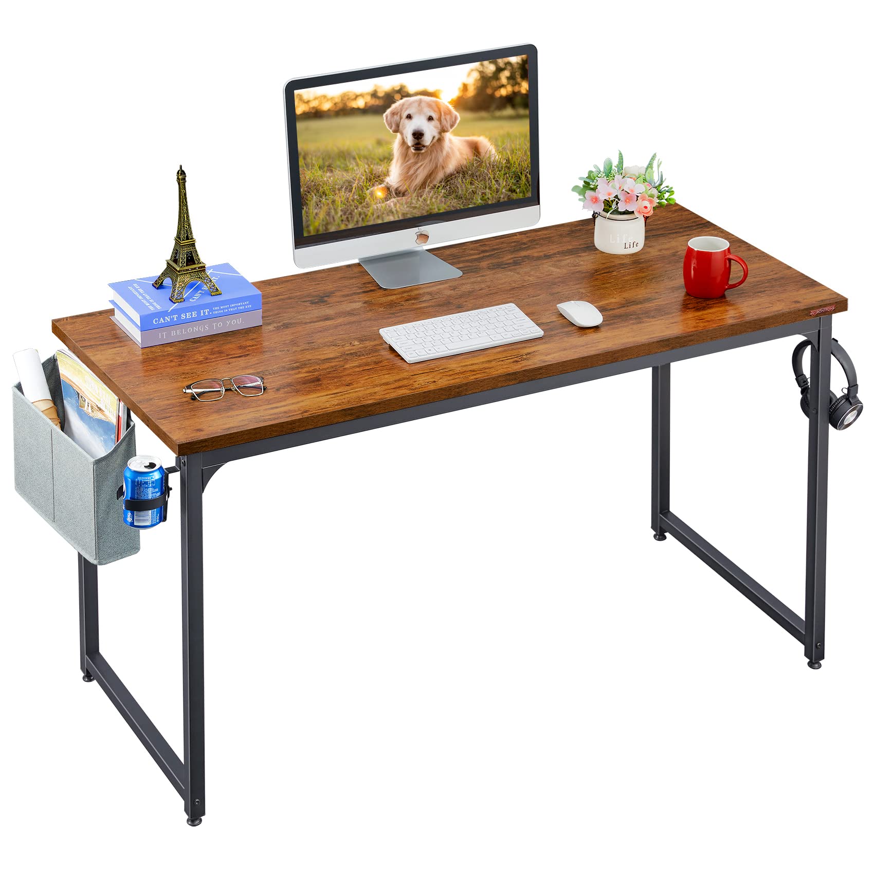 Mr IRONSTONE Computer Desk 55" Home Office Writing Desk, Modern Simple Study Desk, Laptop Table with Storage Bag, Cup Holder and Headphone Hook (Classic Vintage)