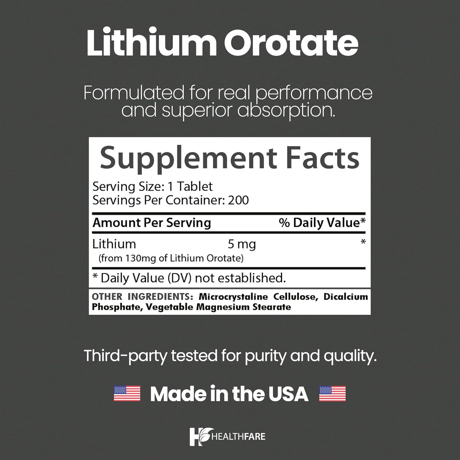 HealthFare Lithium Orotate 5mg | 200 Tablets | Trace Mineral Supplement | Vegetarian, Non-GMO, Gluten-Free | Made in The USA - Image 3