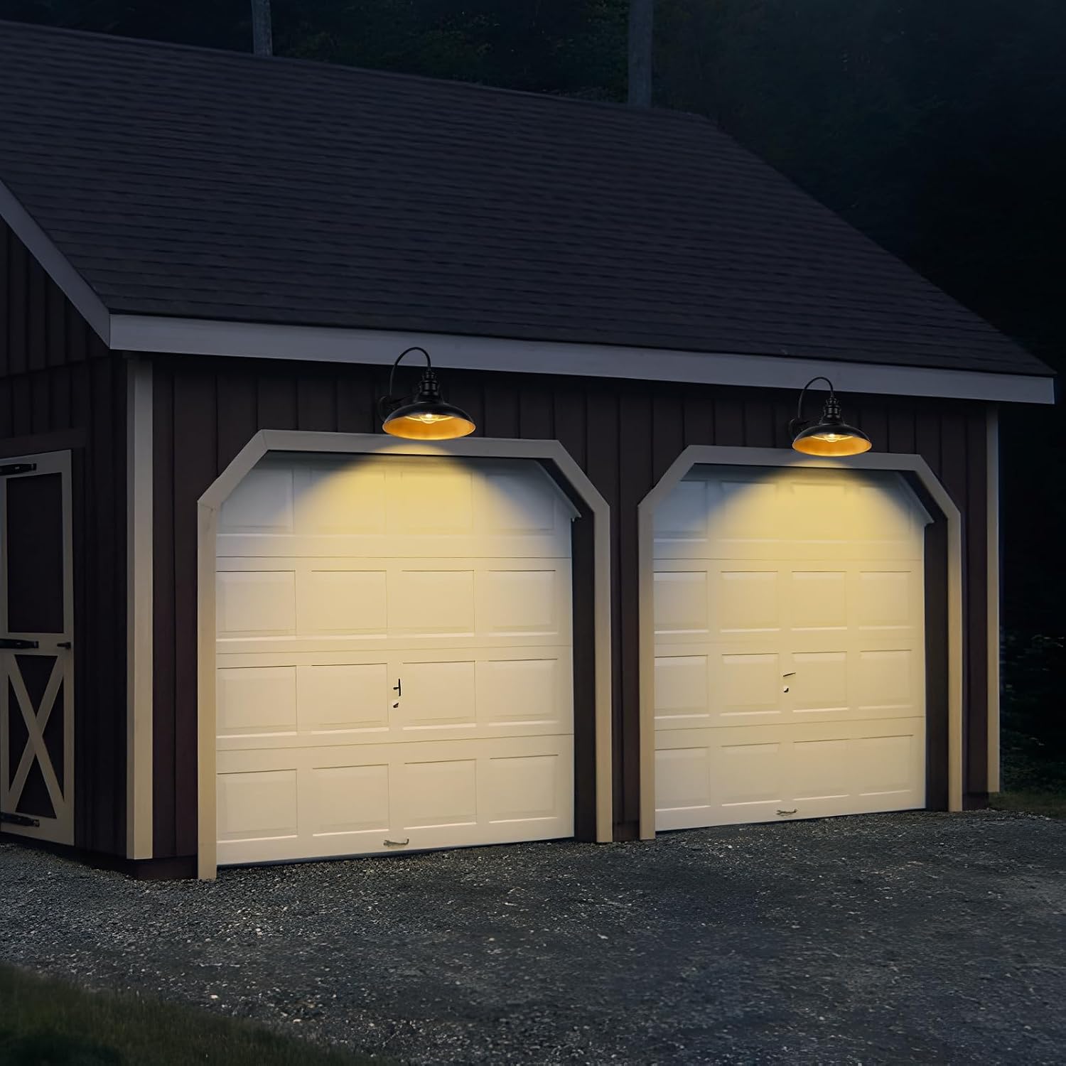 Dusk to Dawn Sensor Outdoor Barn Light Fixtures, 16 Inch Dome Farmhouse Outdoor Wall Sconces, Rustic Exterior Wall Mount Lights, Industrial Black Gold Wall Lanterns for Porch, 2 Pack