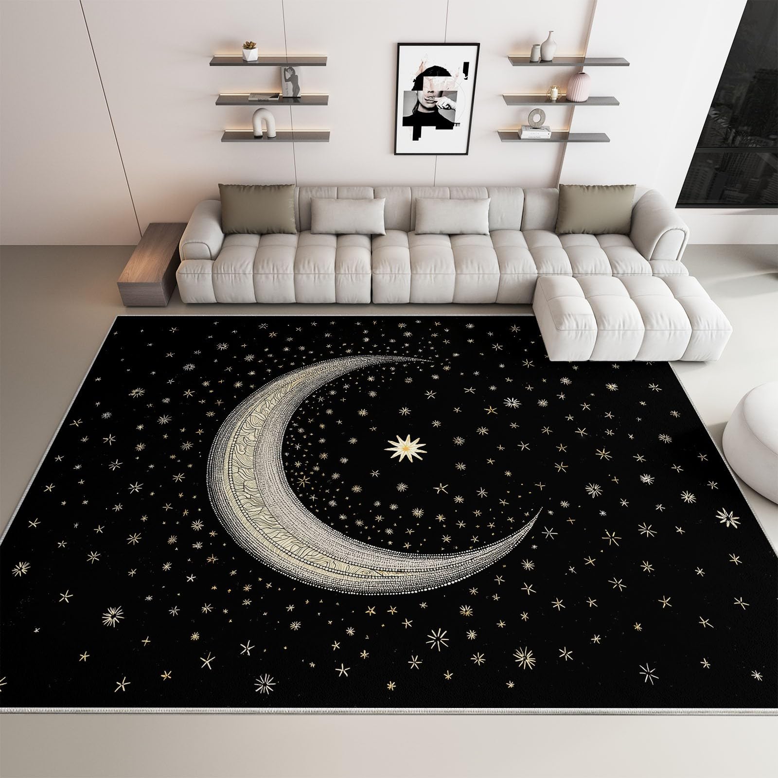 Tapis Enfant Lune Et Étoiles 180x240cm Tapis Salon Grande Poils Courts Doux, Design Antidérapant Moderne, pour Cuisine, Salle à Manger, Bureau et Chambre