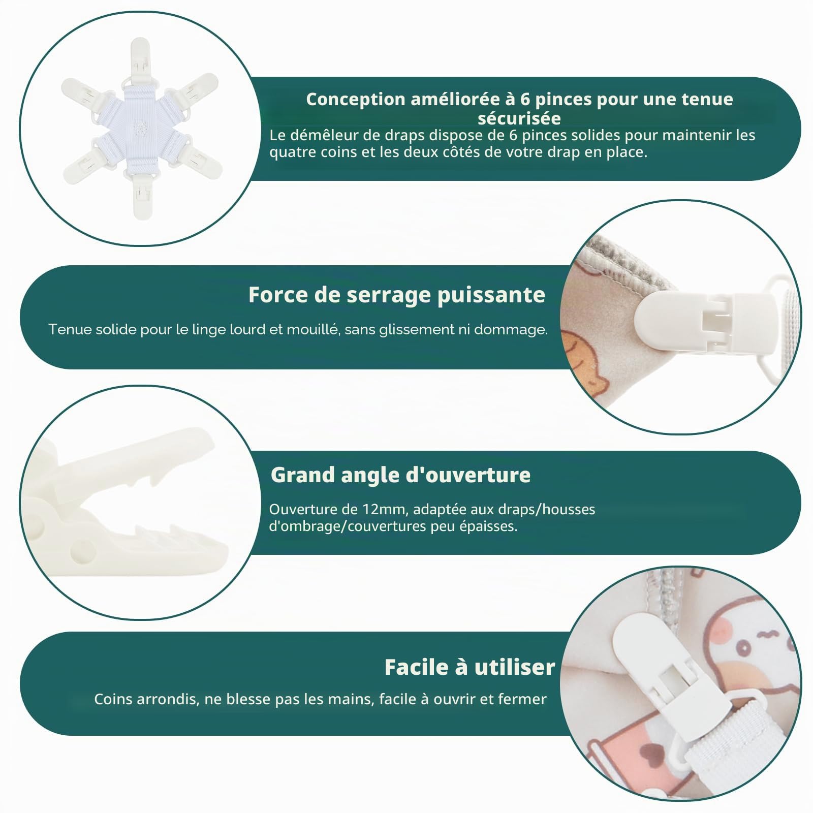 WAD Lot de 4 draps démêlants avec 6 clips, housses de couette/couvertures contre les nœuds, les torsions et les bouloches dans le sèche-linge, la machine à laver et le sèche-linge, 4 pièces