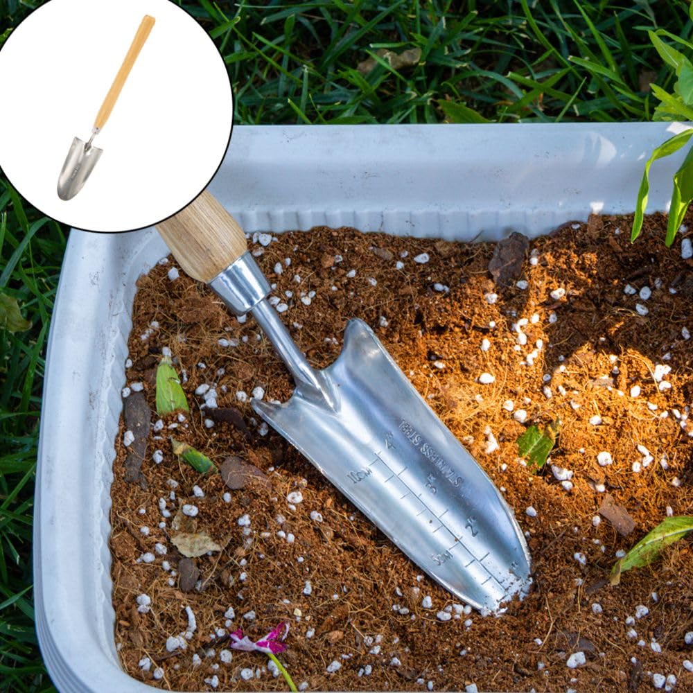 Gartenkelle mit Holzgriff, 2 Stück Edelstahl-Gartenwerkzeug, robuste Handschaufel zum Pflanzen, Graben und Jäten