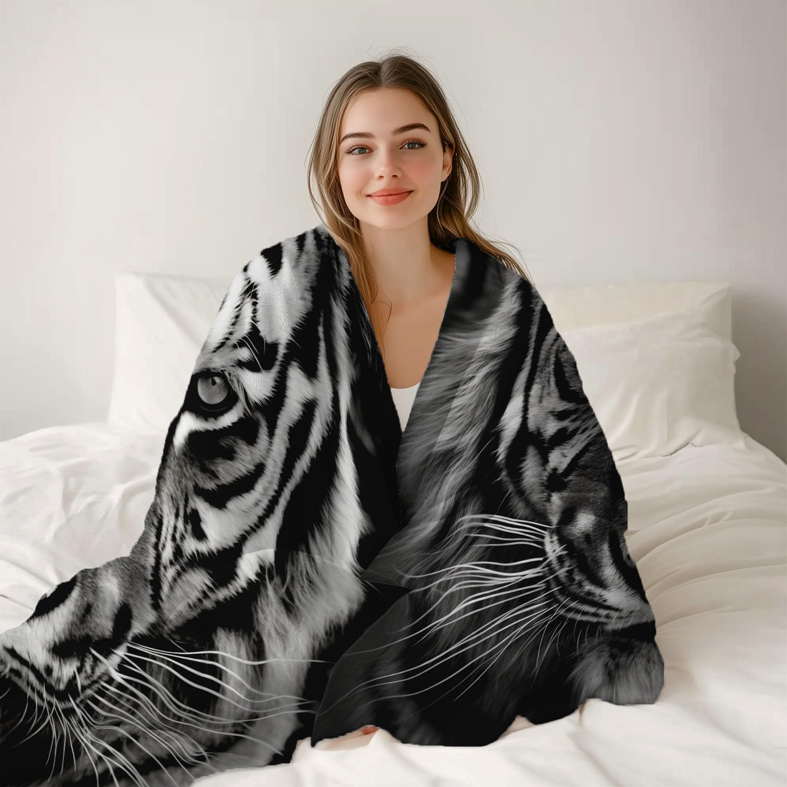 Koc polarowy 200 x 220 cm tygrys zwierzę, czarny flanelowy koc polarowy dla 2 osób, z nadrukiem, miękki i ciepły na sofę