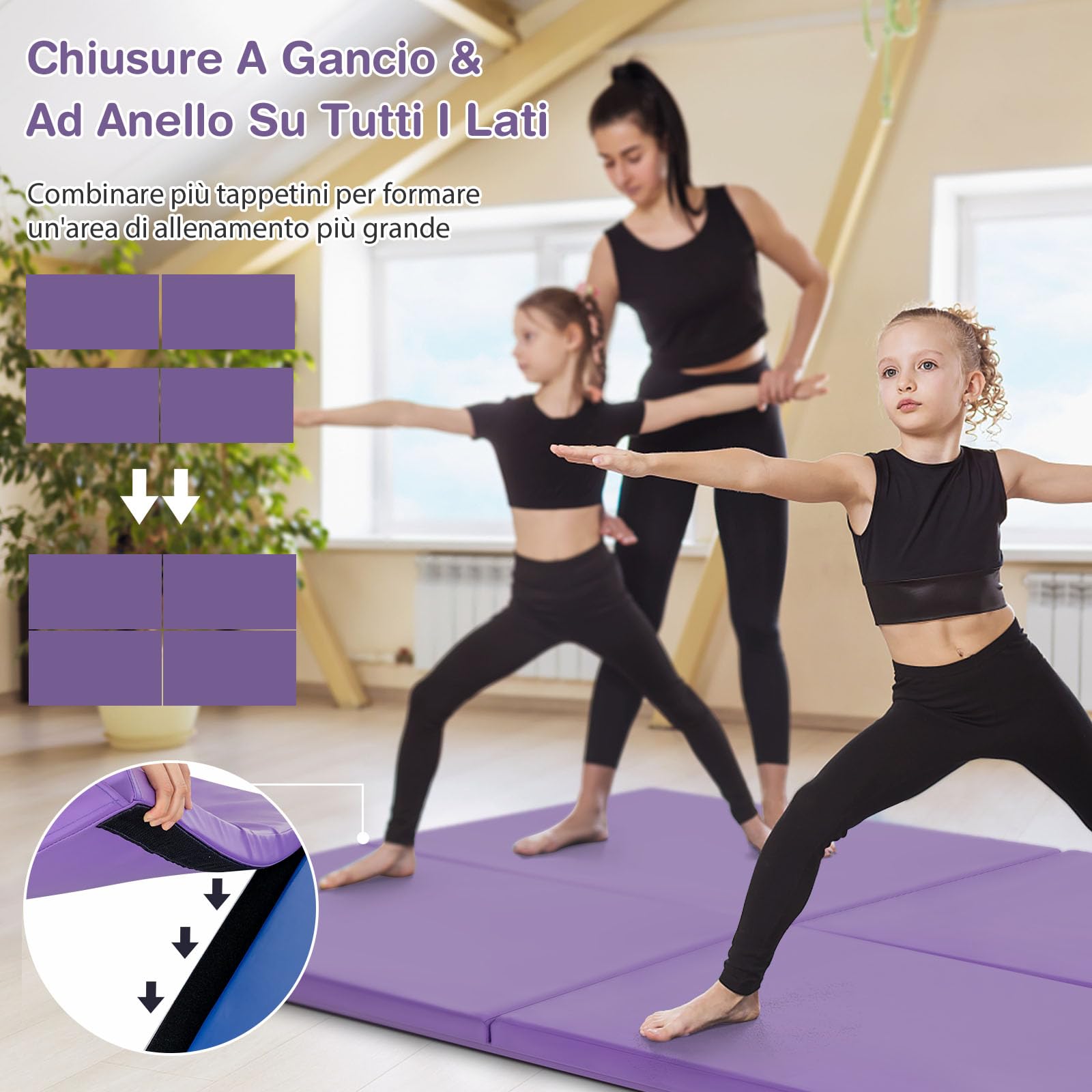 GYMAX Tappetino da Yoga/Fitness Materassino per Ginnastica, Spesso 5 cm, Manico Portatile e Pieghevole, 180 x 60 x 5 cm