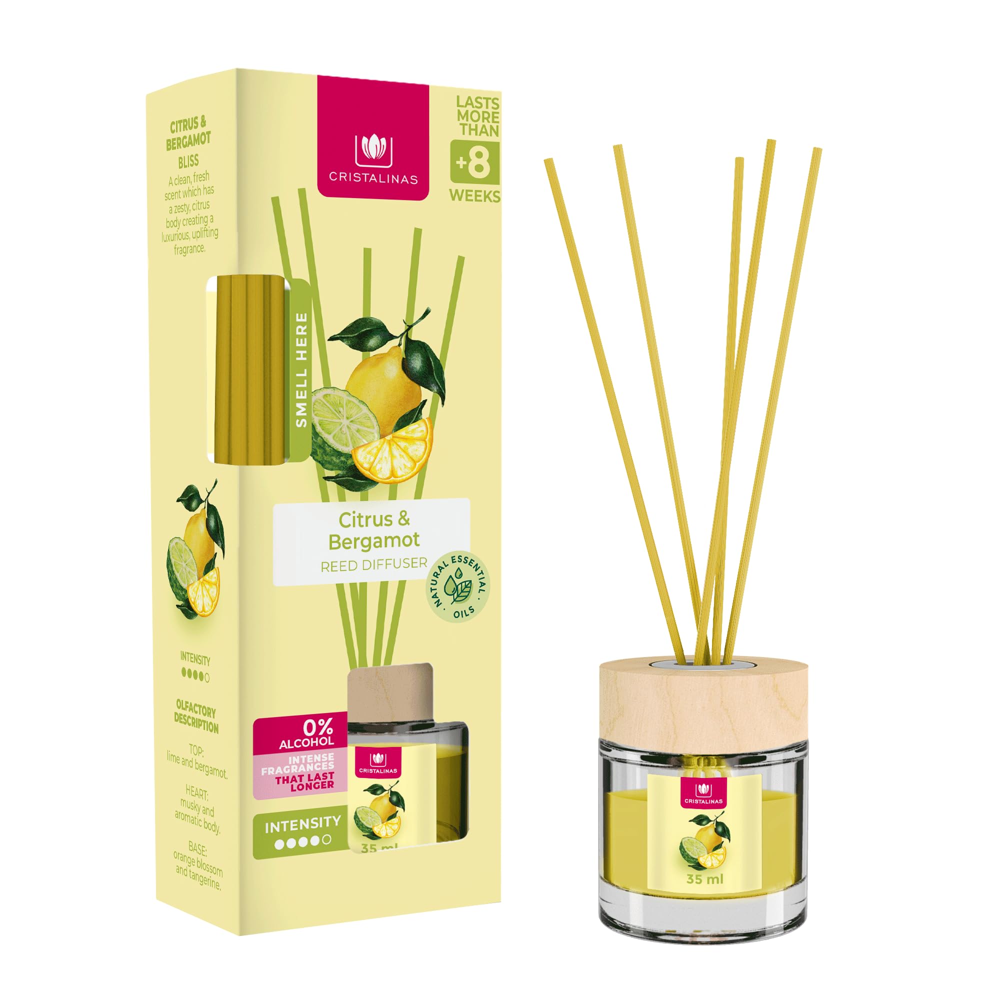Cristalinas 35ml Citrus & Bergamot Air Fresheners - Reed Diffuser Home Fragrance Lasts upto 8 weeks - Room Diffuser Sticks with Coloured Fragrance Oil