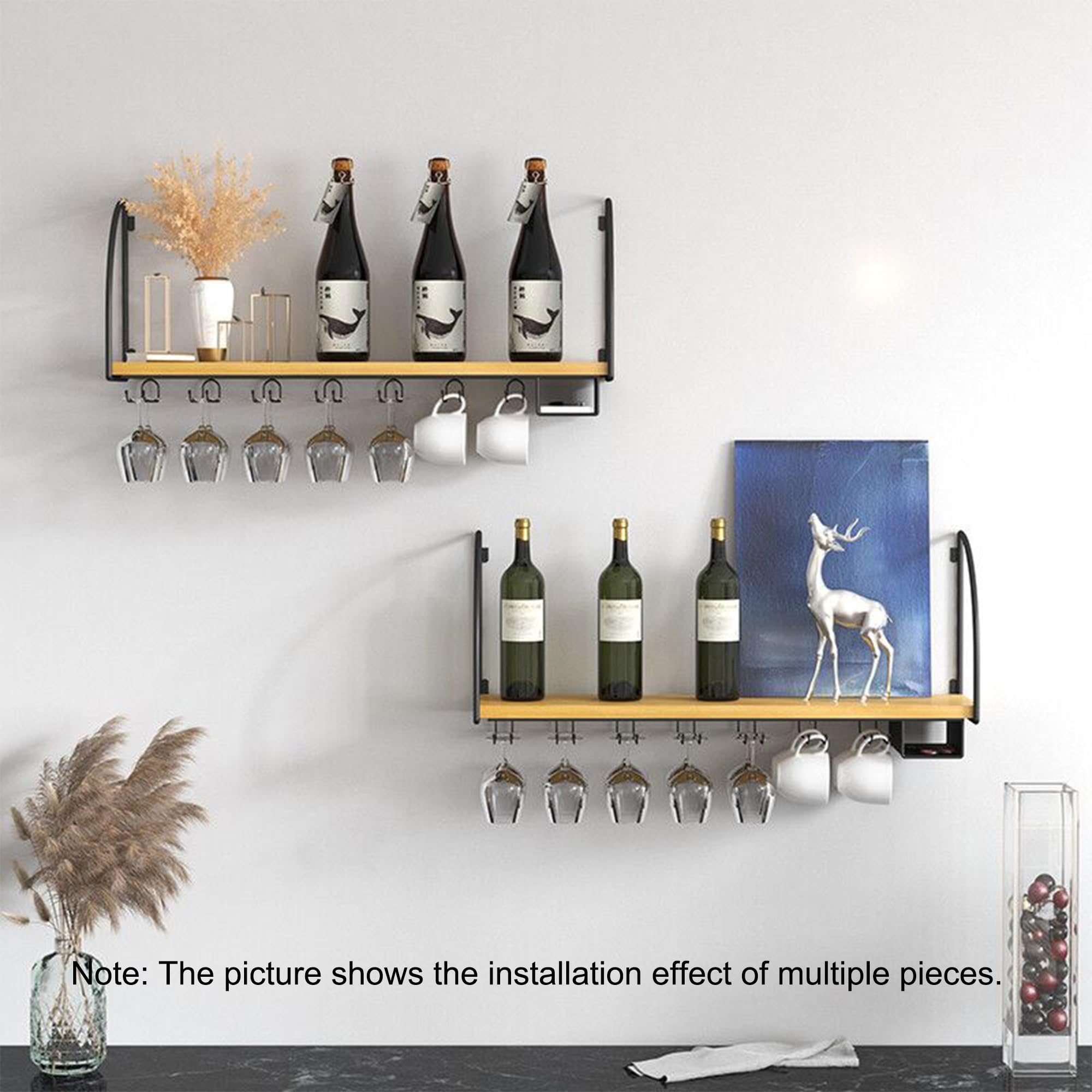 Weinregal Wand Klein Flaschenregal Schmal Wine Rack Bar Regal Wand Weinschrank Hausbar Barschrank mit Weinglashalter Weinständer Getränke Regal für Bartheke Wohnzimmer(Nero,60cm(23.62in))