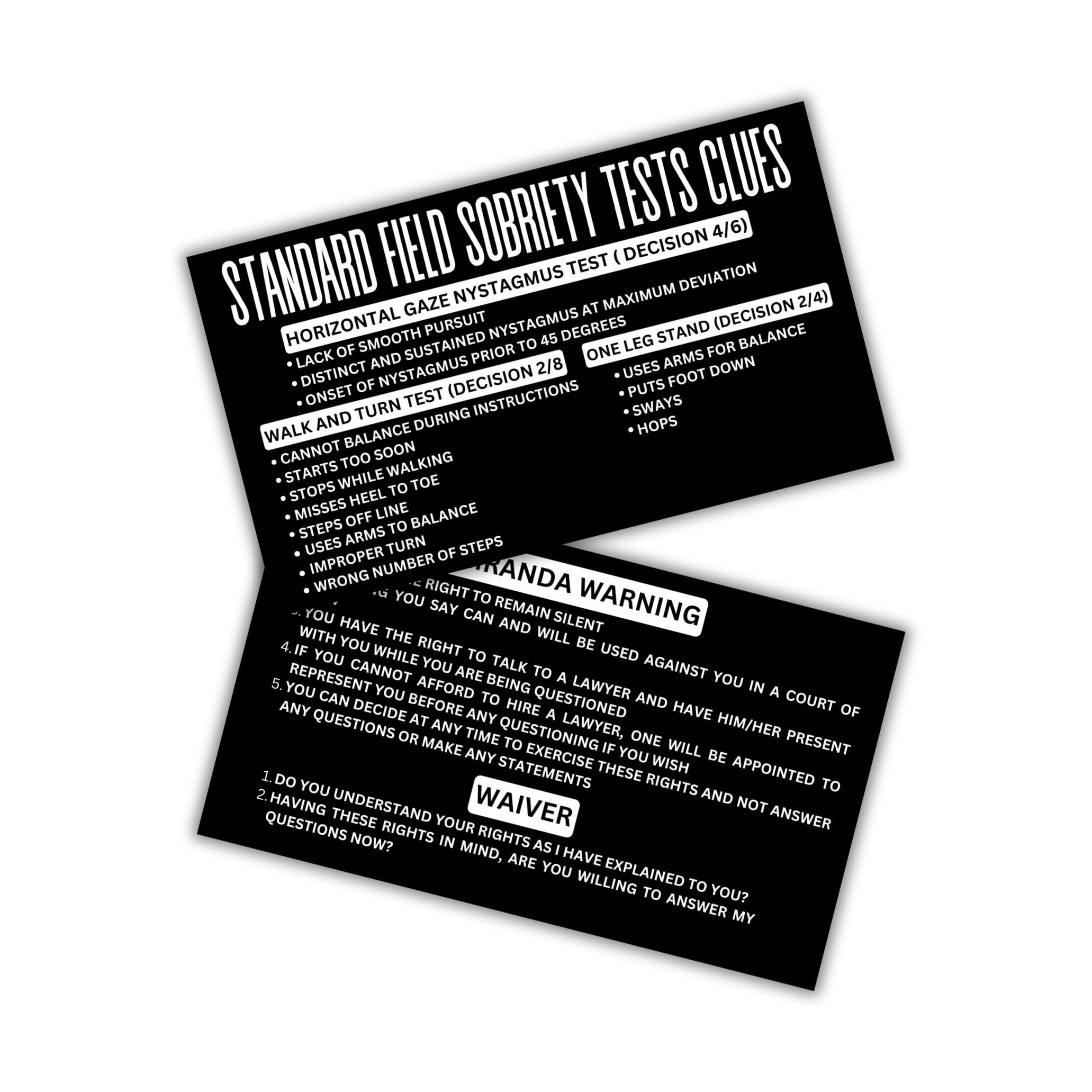 Lashicorn Miranda Rights and Field Sobriety Test Cheat Sheet 30 pk 3.5x2” Wallet Size Business Cards Paper Police Officers Warning Equipment for Vest Wifes Prayer