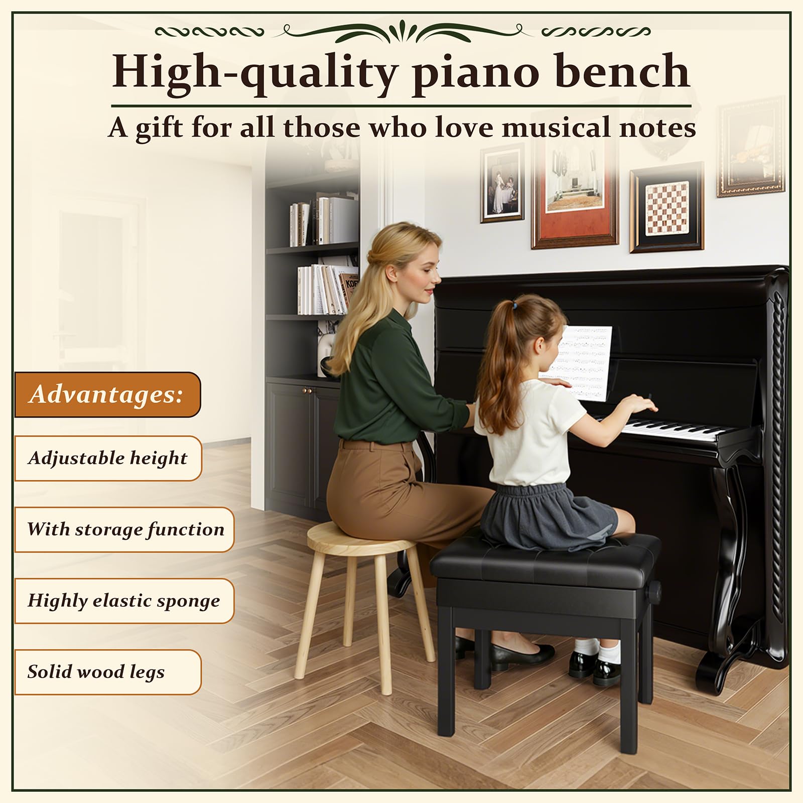 Clevich Klavierhocker Höhenverstellbar, Pianobank mit Stauraum, Klavierbank mit PU Lederkissen, Klavierstuhl Heavy Duty, Tastatur Piano Bench bis 150KG Belastbar, Schwarz