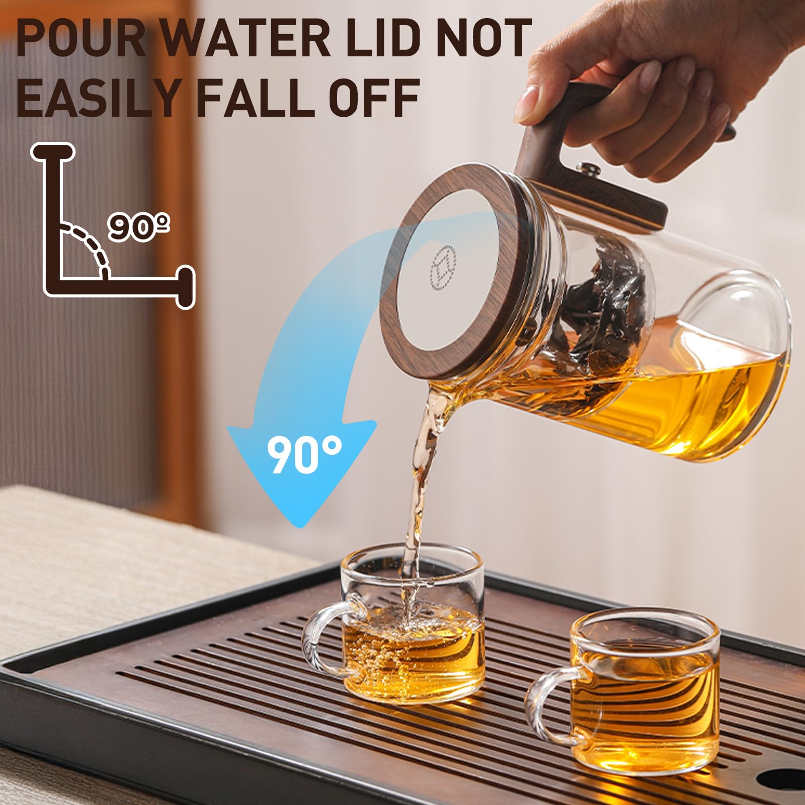 Teiera magica con manico, teiera in vetro separata per separare l'acqua del tè, design ergonomico in silicone effetto legno e infusione versatile di tè e caffè (600 ml)