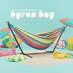 Vivere Double Cotton Hammock with Space Saving Steel Stand, Upgraded Polyester End Strings 450 lb Capacity - Premium Carry Bag Included - USA Grown Cotton (Byron Bay)