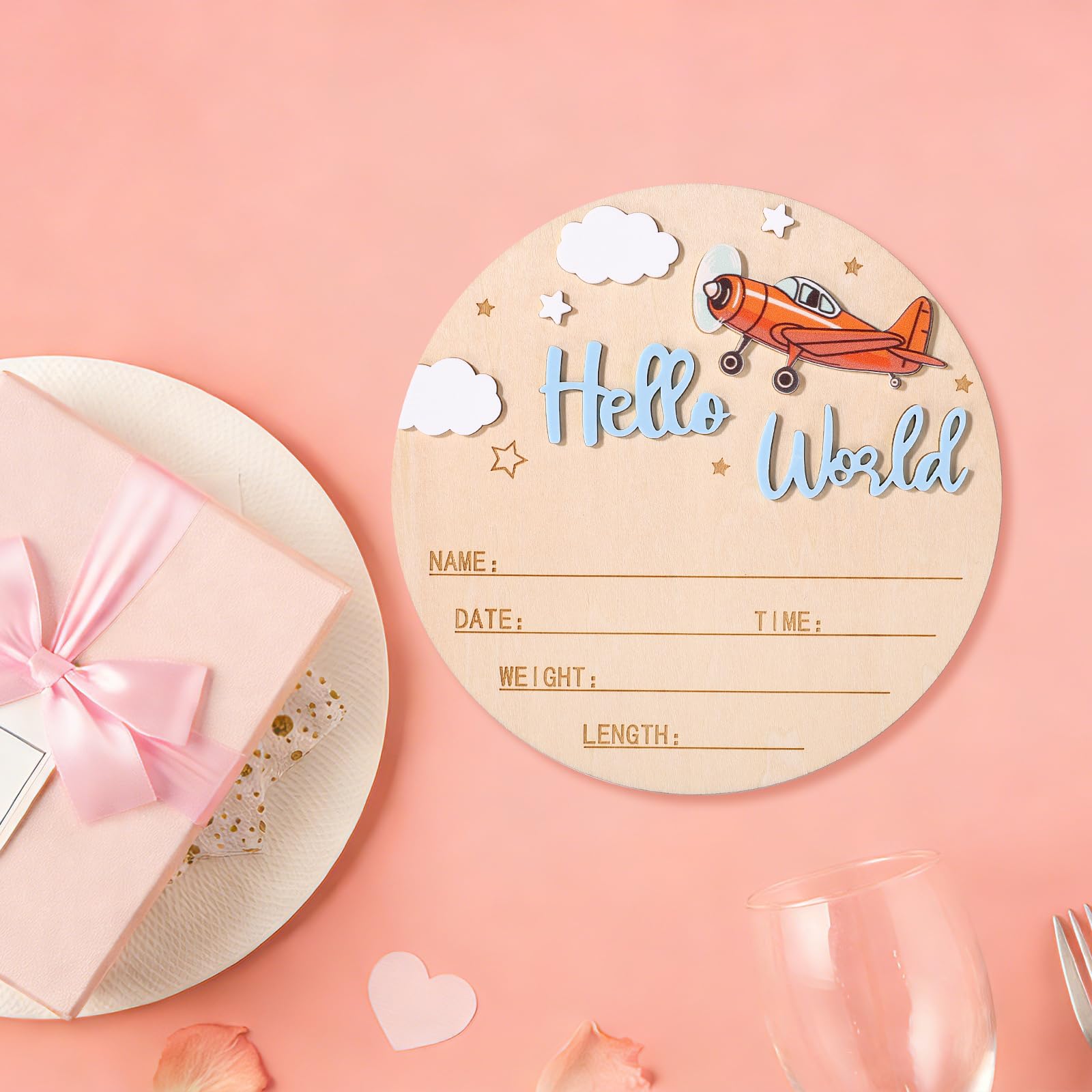 NQEUEPN Panneau d'Annonce de Naissance, 15 cm Panneau en Bois « Bonjour le Monde » Plaque Bienvenue pour Nouveau-Né Plaque avec le Prénom Bébé Accessoire Photo pour la Maternité (Bleu)